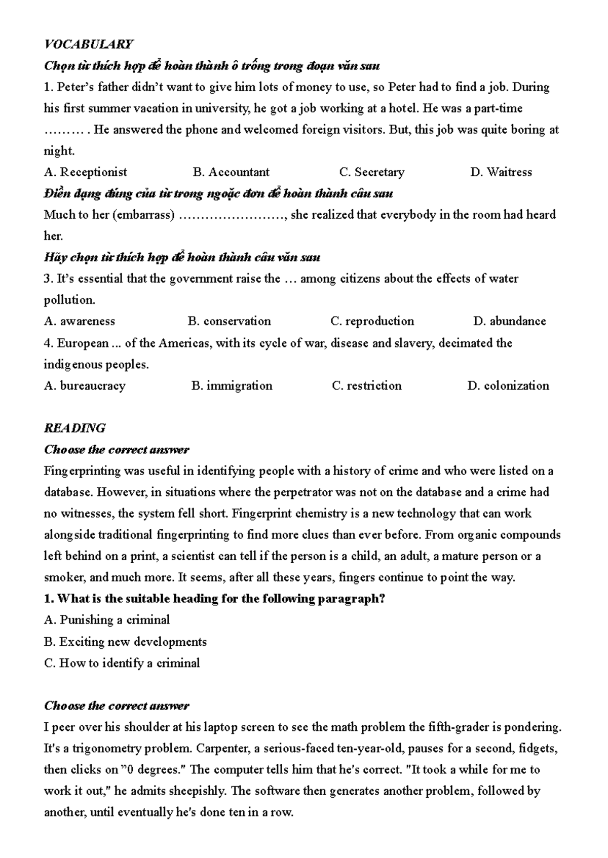 Prep 1 - Vocabulary and Reading Comprehension Exercises - Studocu