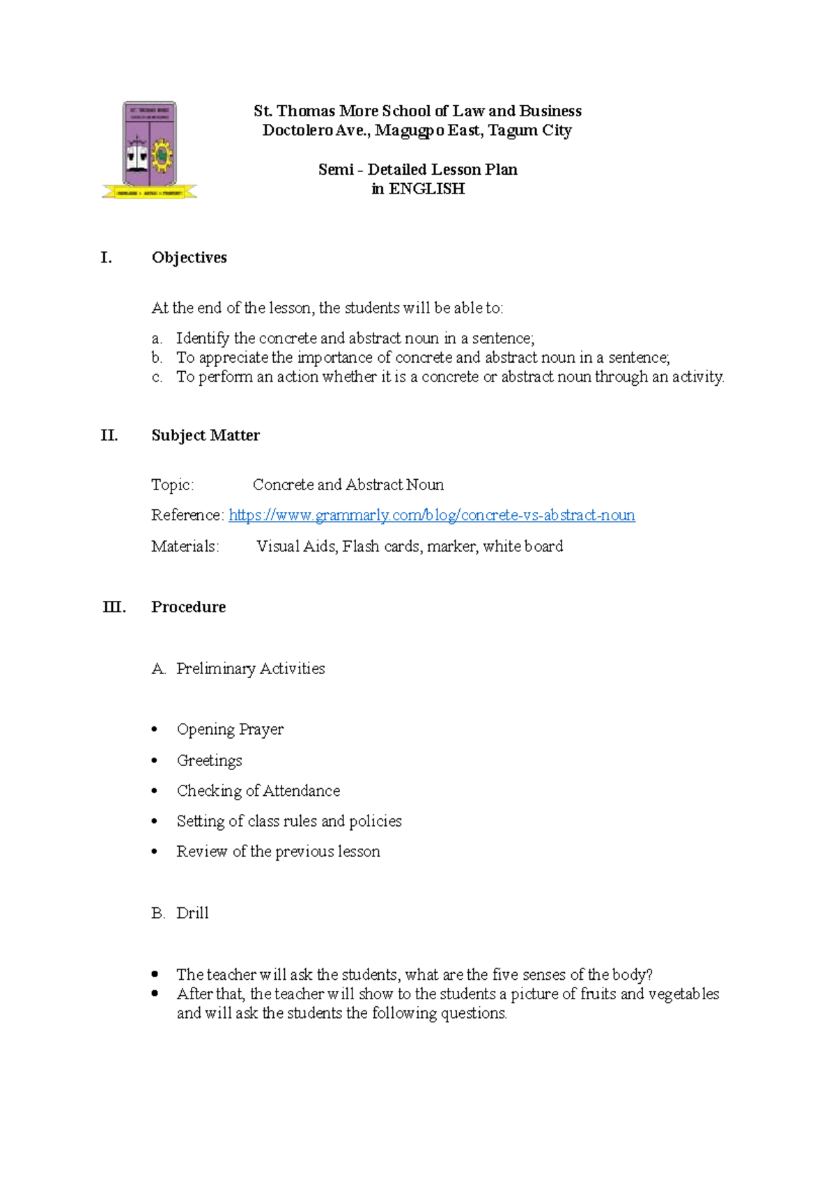 LP - Semi-Detailed Lesson Plan on Concrete and Abstract Nouns - Studocu