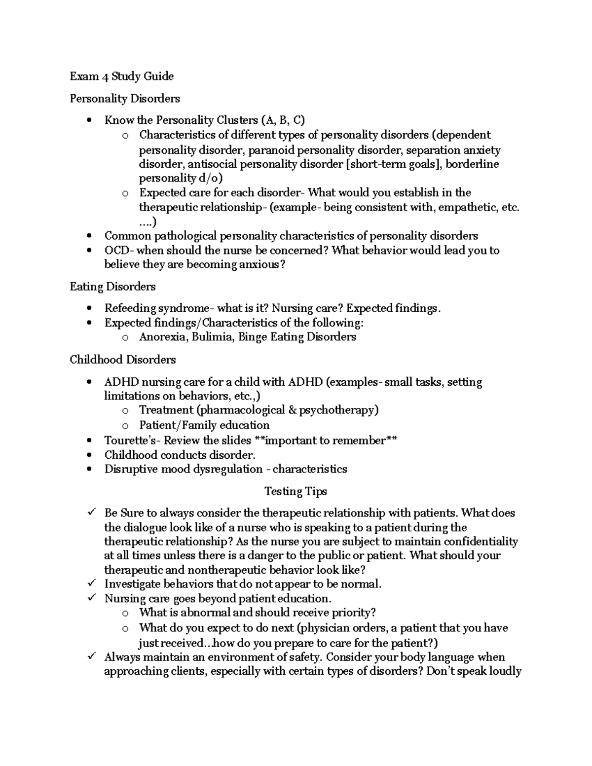 NUR 356 Final Exam Study Guide: Personality & Childhood Disorders - Studocu