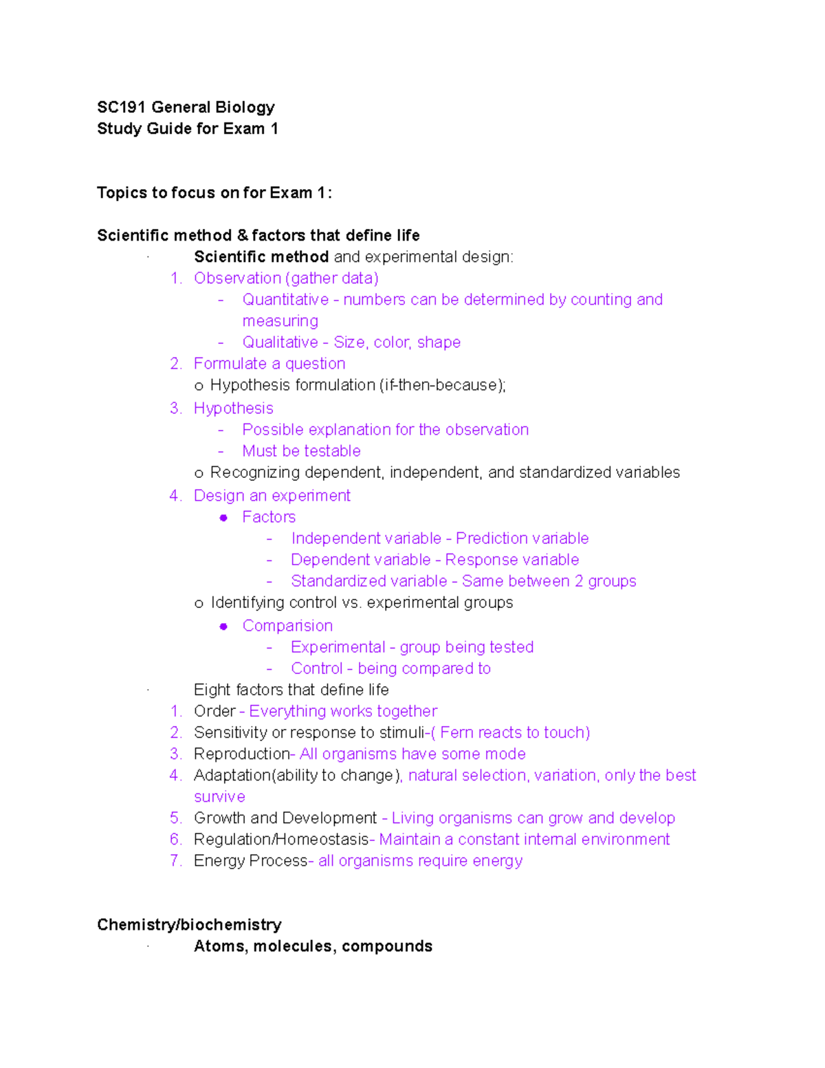 SC191 General Biology Study Guide for Exam 1: Key Concepts & Topics ...
