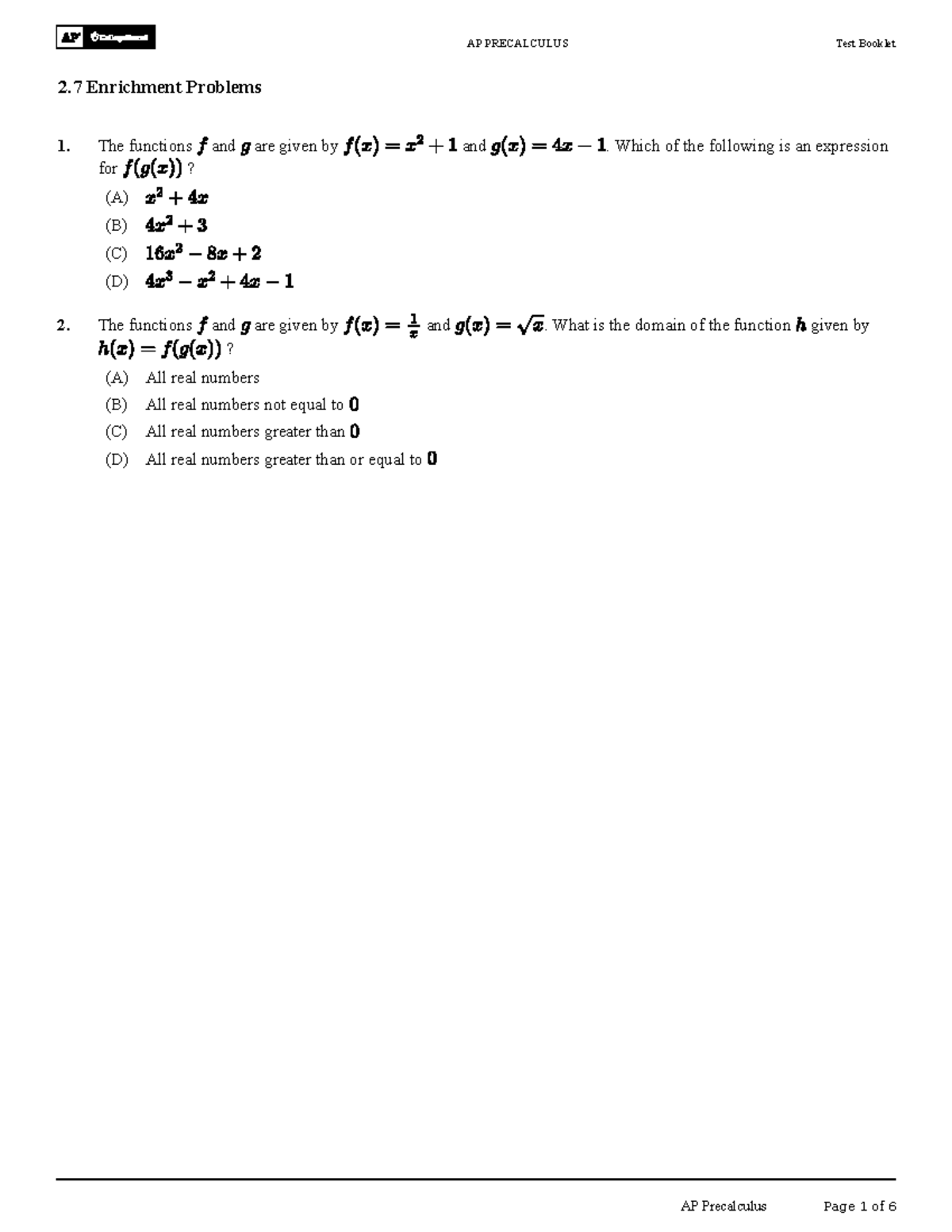 AP PRECALCULUS Test Booklet 2.7 Enrichment Problems - Studocu