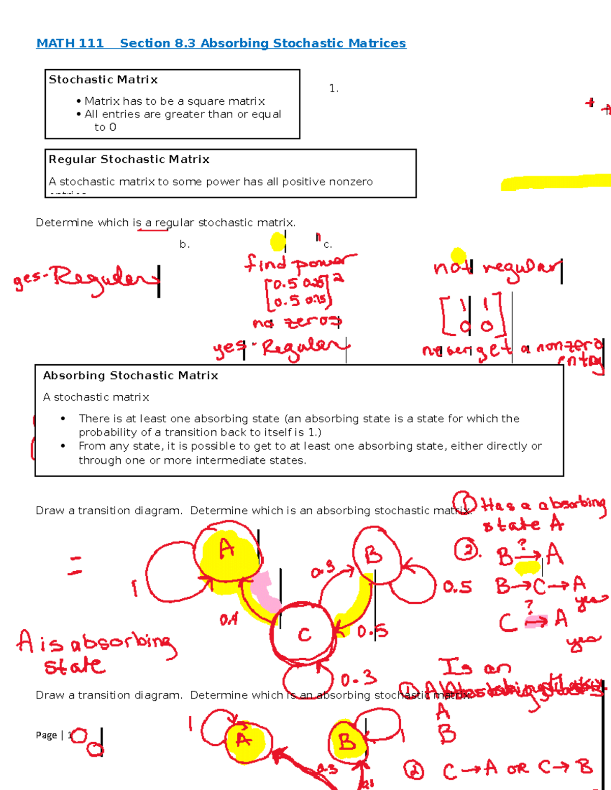 MATH 111 Final Exam Notes on Absorbing Stochastic Matrices - Studocu