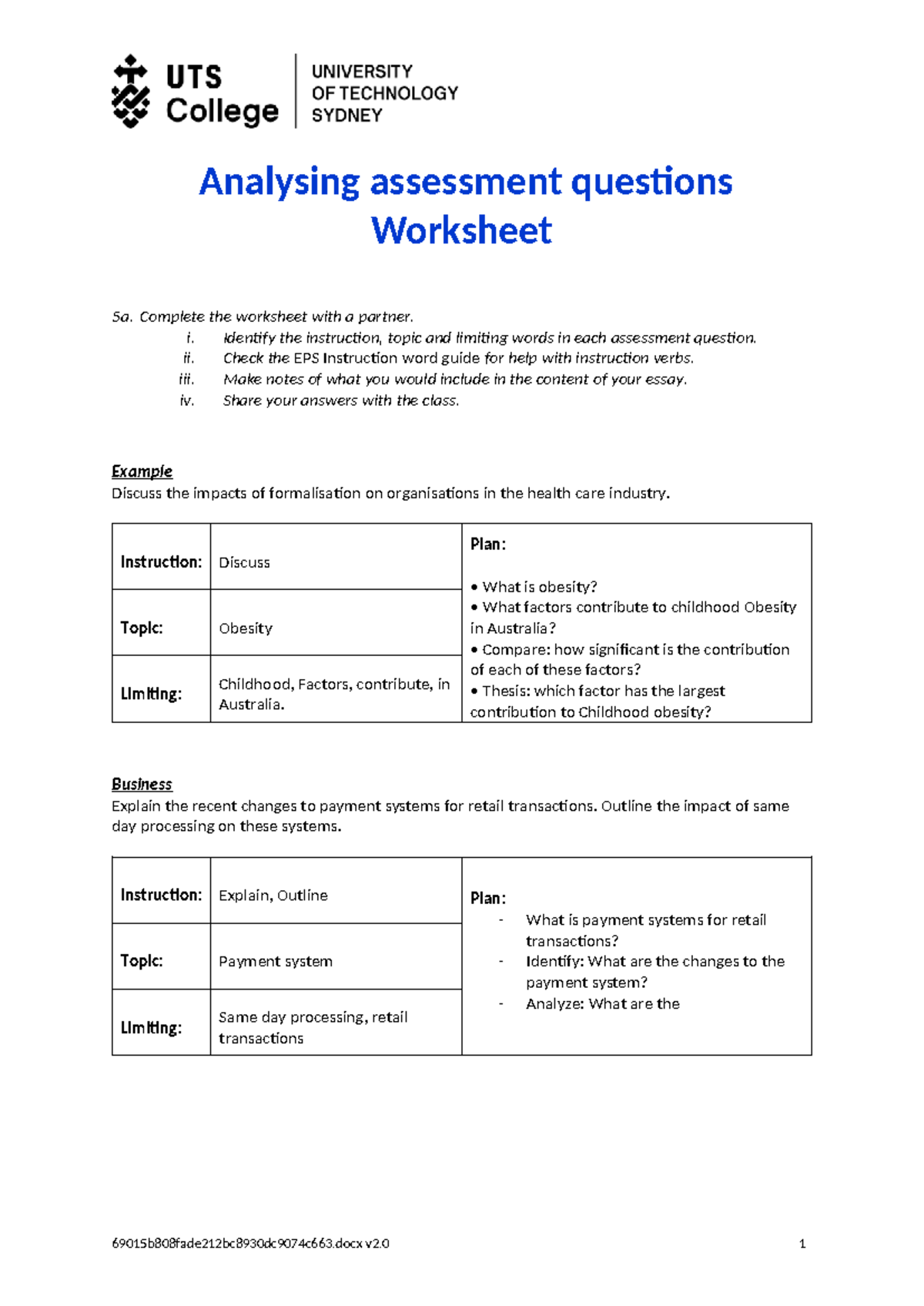 Analysing Assessment Questions - Worksheet 5a Guide - Studocu
