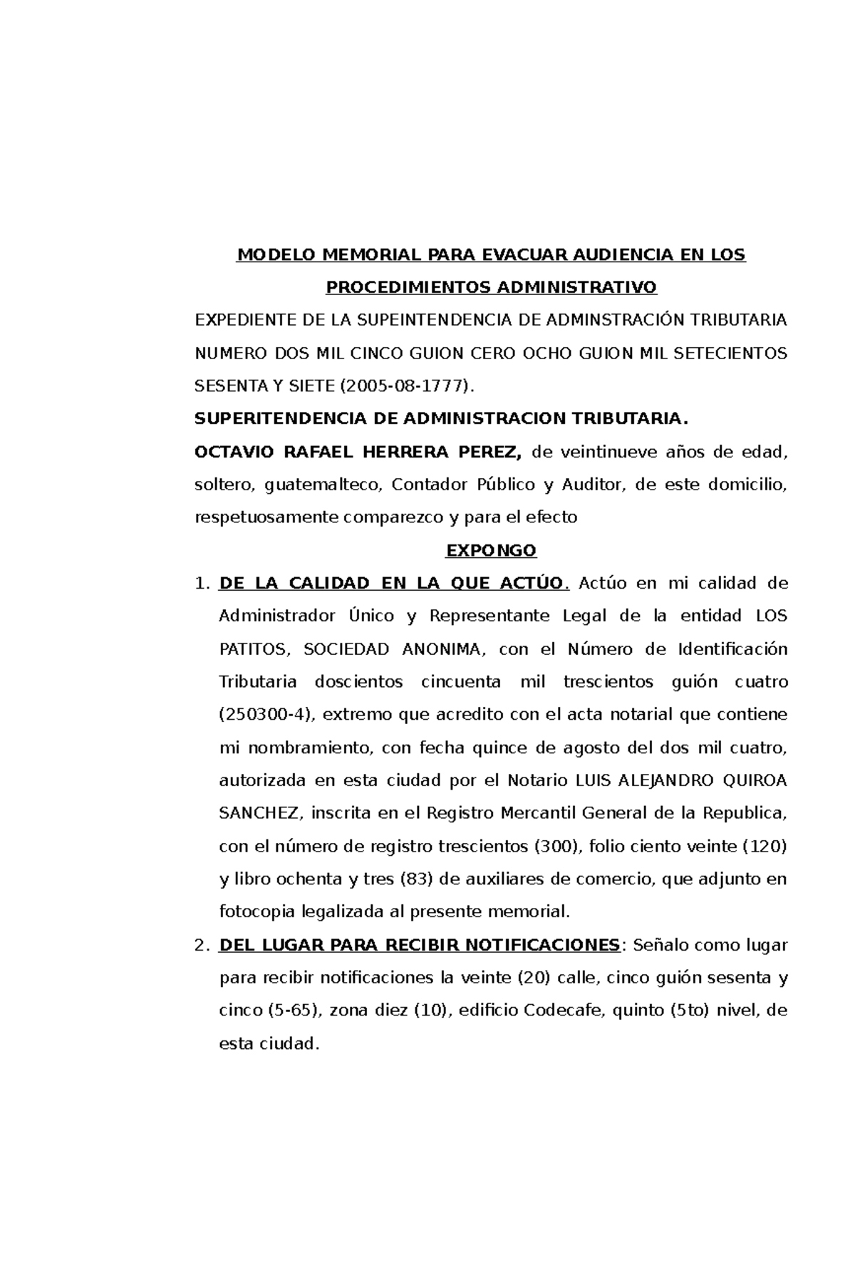 Modelo de Evacuación de Audiencia en Procedimientos Administrativos - Document Preview