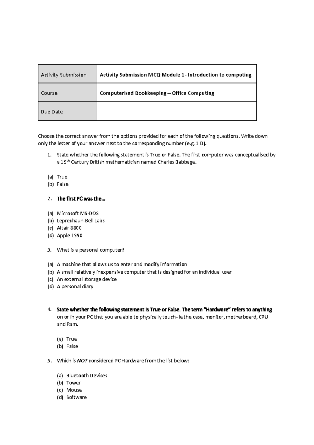Computerised Bookkeeping PSTL MCQ Module 1 Activity Submission - Studocu