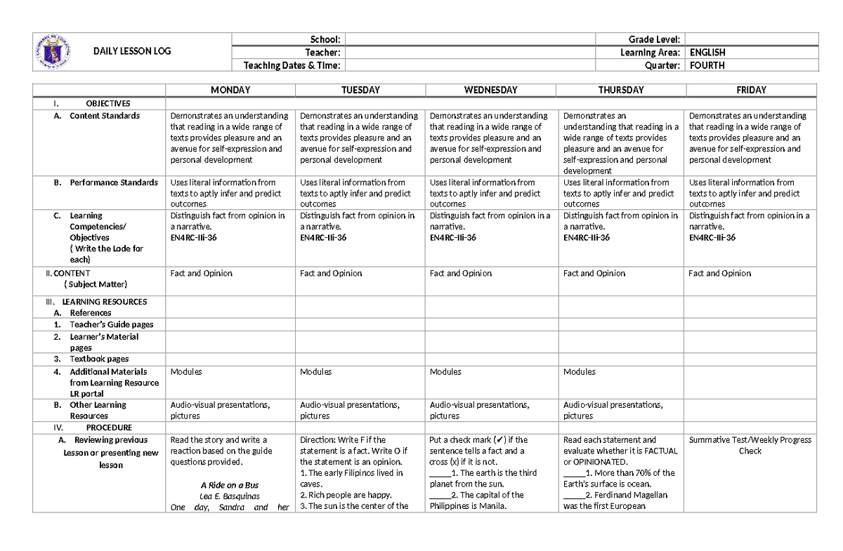 DLL: Detailed Lesson Plan for English - Fourth Quarter - Studocu