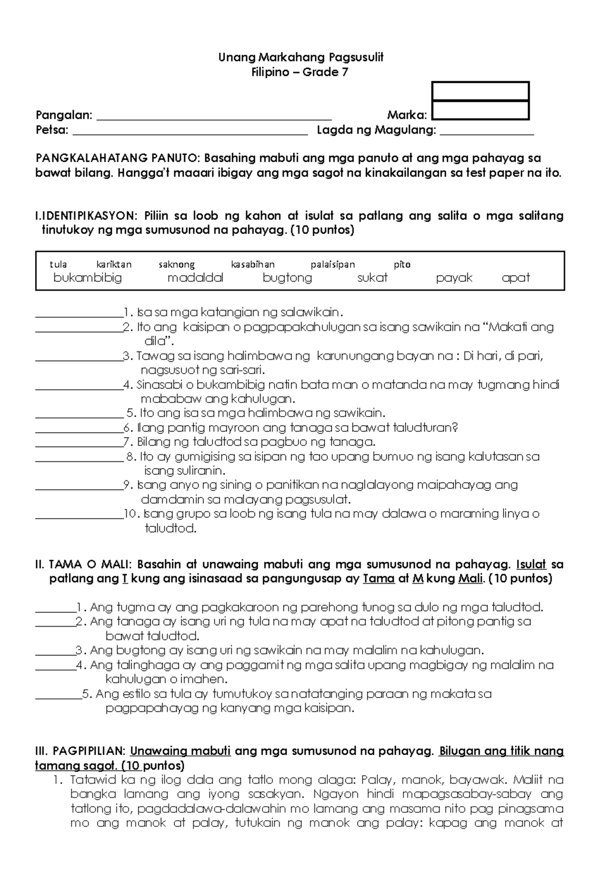 Unang Markahang Pagsusulit sa Filipino para sa Baitang 7 - Studocu