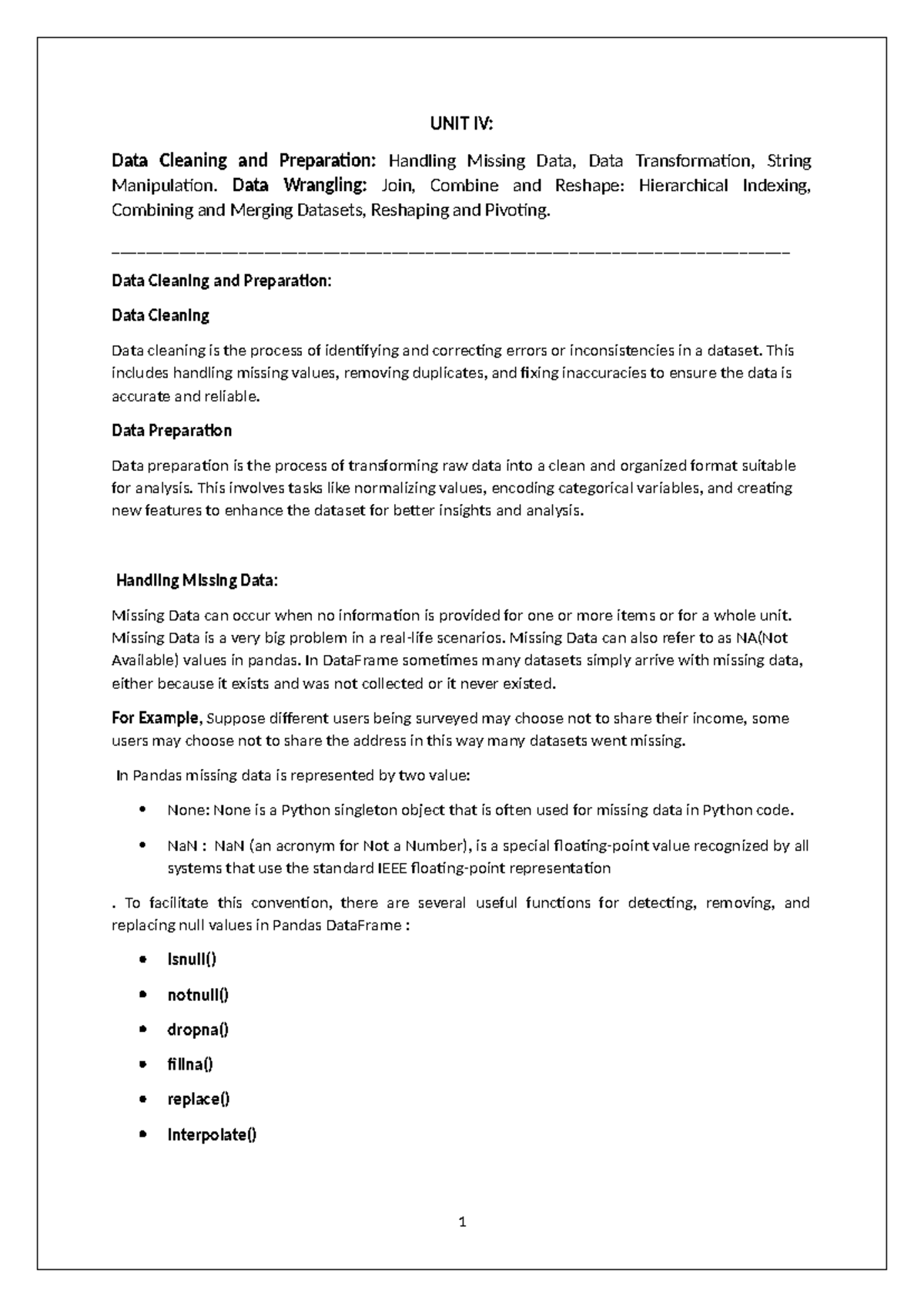 UNIT IV: Data Cleaning & Preparation in Python - Handling Missing Data ...