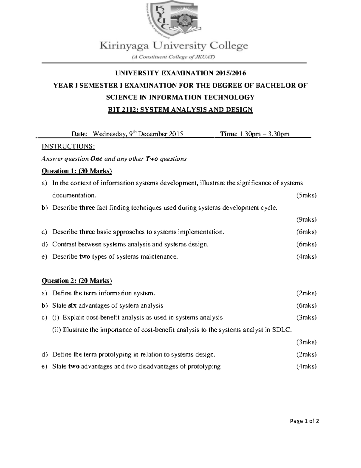 BIT 2112: System Analysis and Design Exam - Year I Semester I 2015 ...
