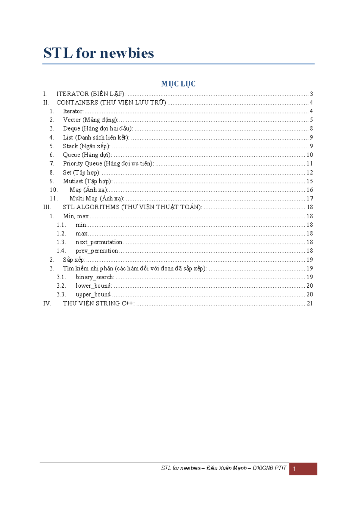 STL - Lecture notes 1 - STL for newbies I. ITERATOR (BIẾN LẶP): MỤC LỤC ...
