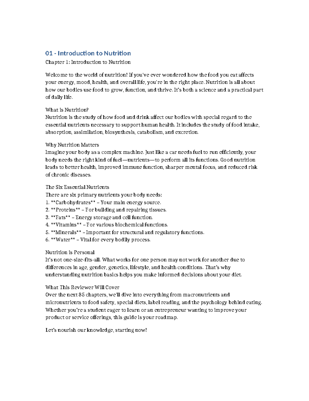 01 - Introduction to Nutrition: Chapter 1 Overview and Essentials - Studocu