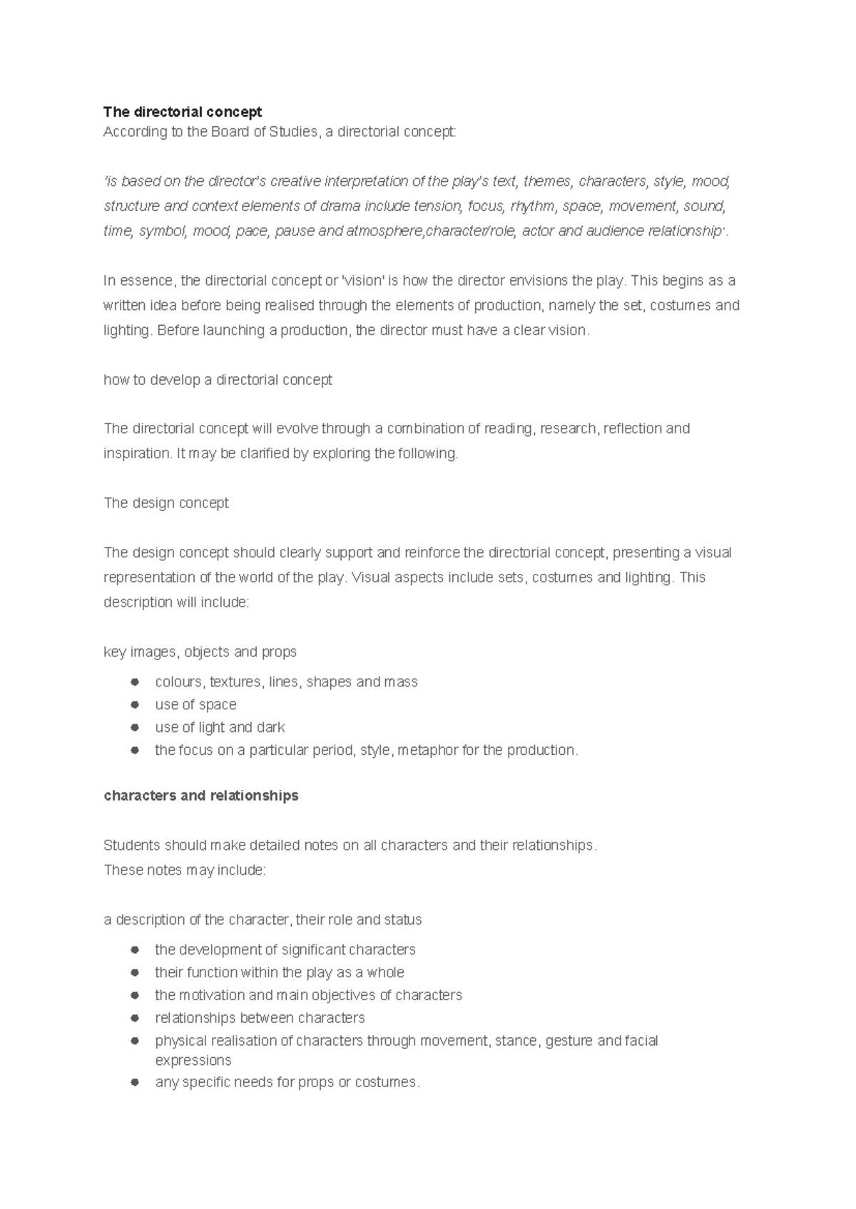 The Directorial Concept: Elements & Development in Drama - Studocu