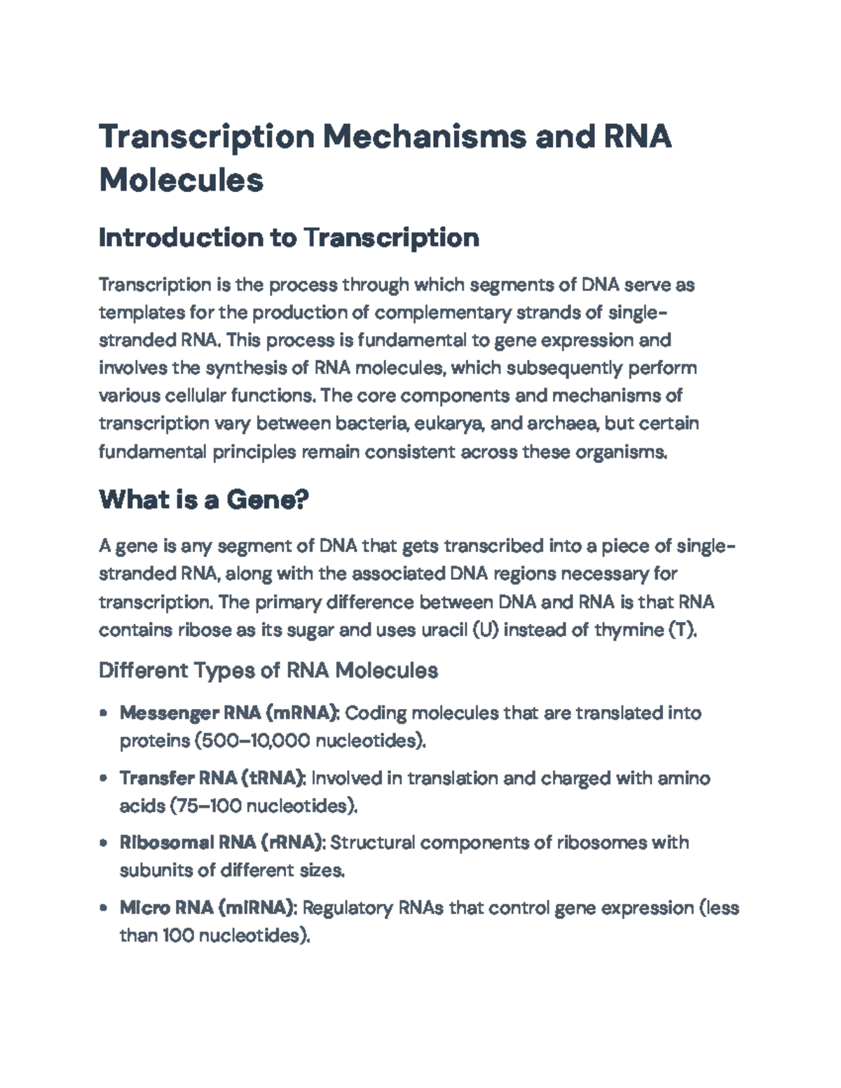 Transcription Mechanisms and RNA Molecules: An Overview of Gene ...