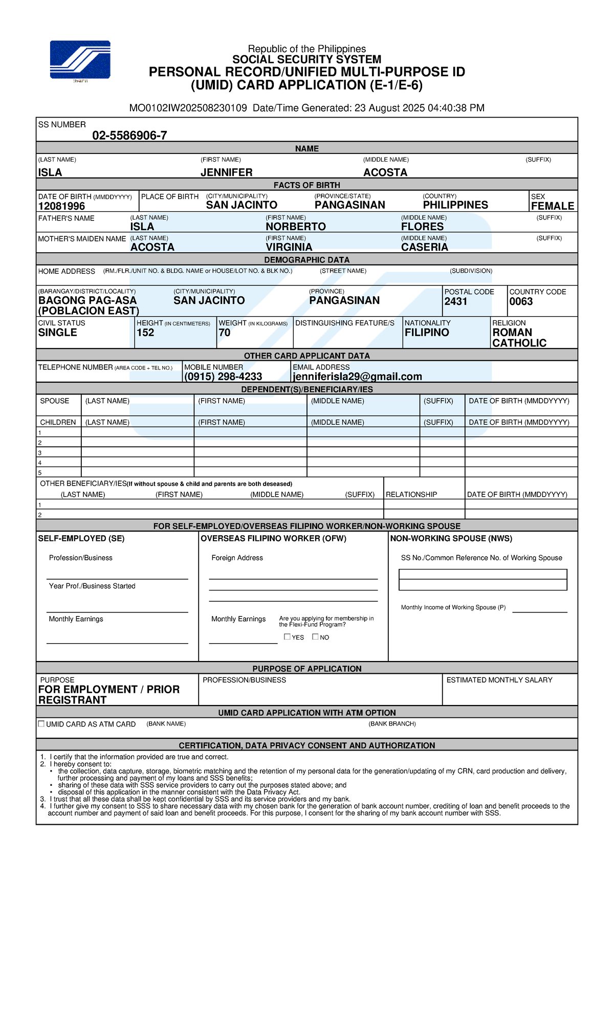 UMID Card Application for SS Number MO0102IW202508230109 - Studocu