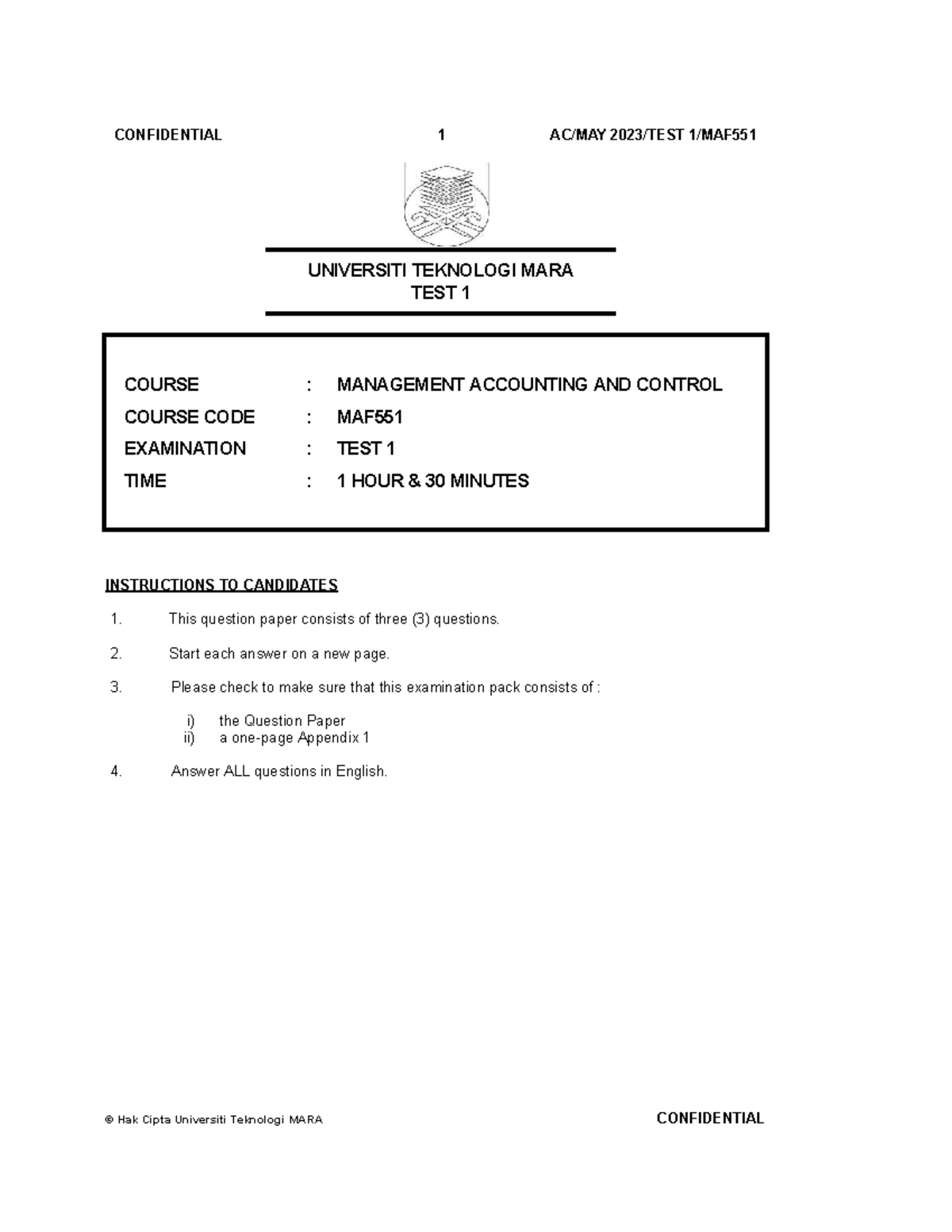 MAF551 Management Accounting and Control Test 1 - May 2023 Exercise ...