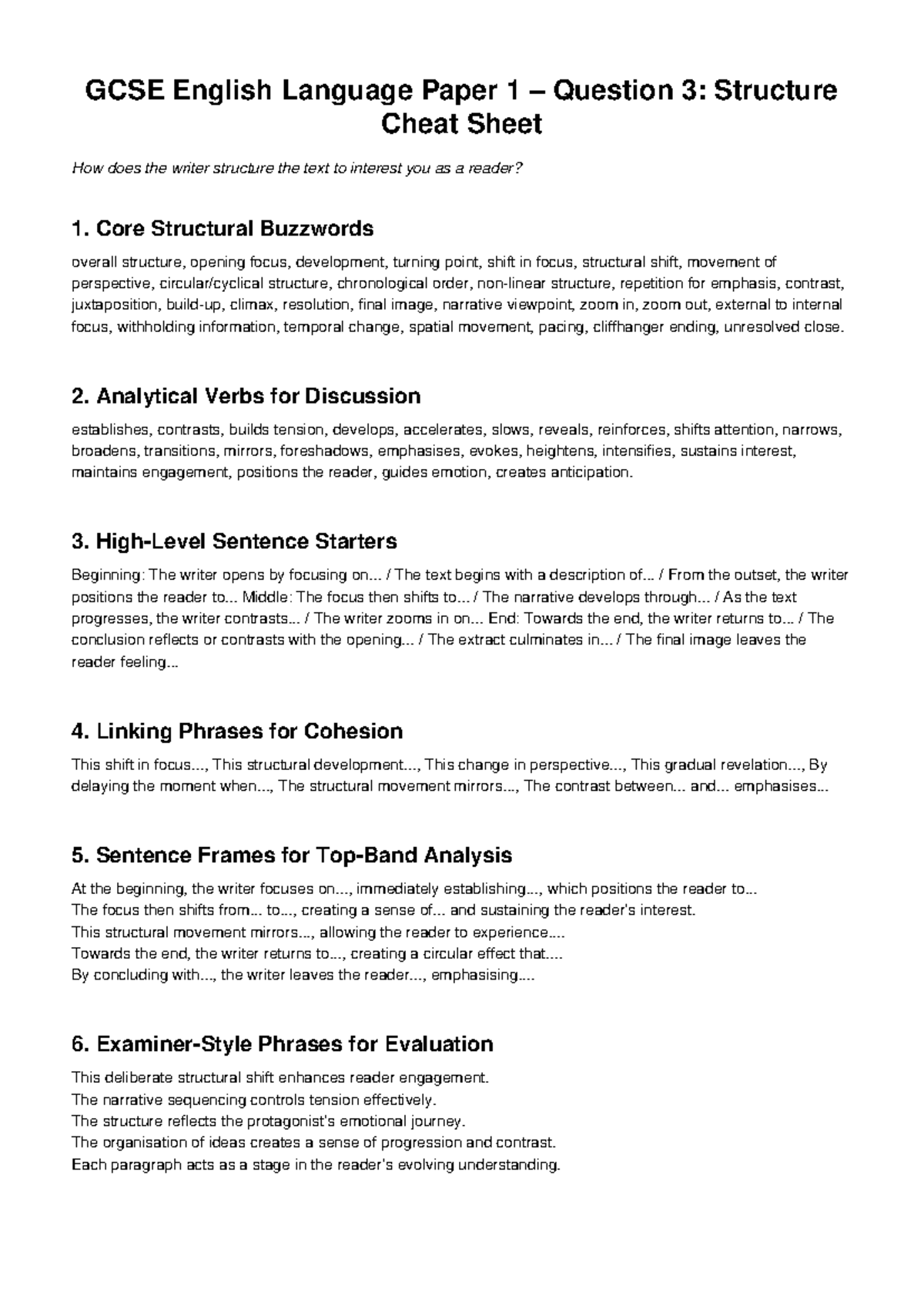 GCSE English Language Paper 1 Q3: Structure Analysis Cheat Sheet - Studocu