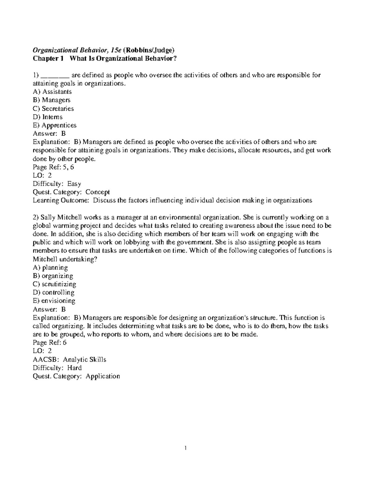 Chapter 1 - Organizational Behavior Study Test Materials (OB 15e) - Studocu