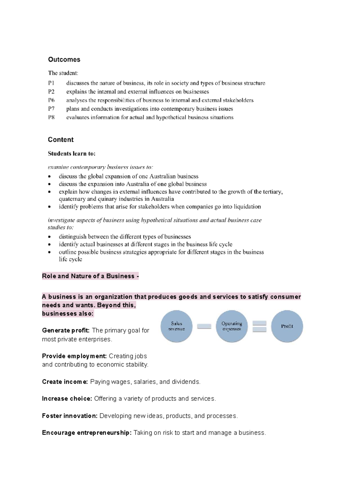 Business Notes: Role and Nature of a Business (BUS101) - Studocu
