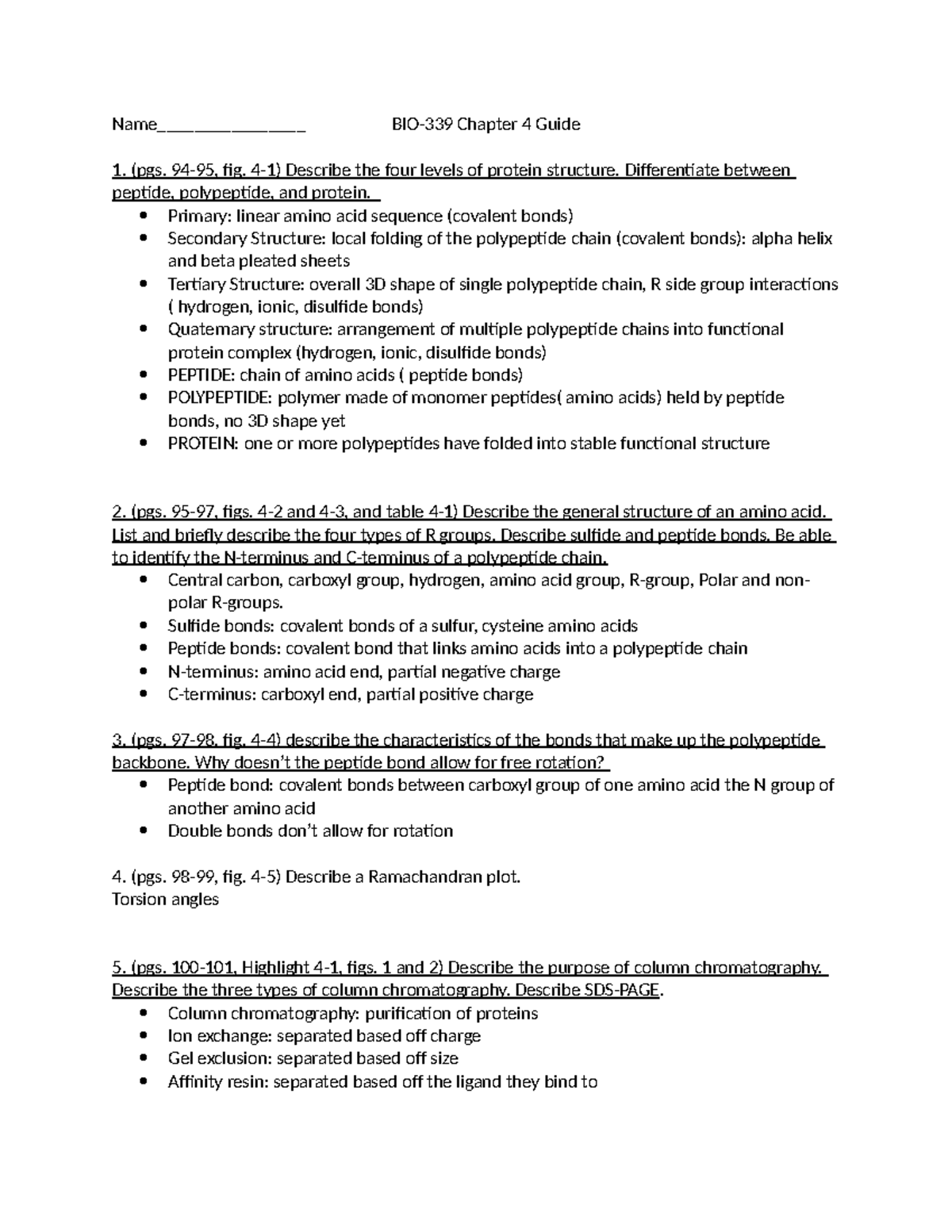 BIO-339 Chapter 4 Protein Structure and Function Overview Guide - Studocu