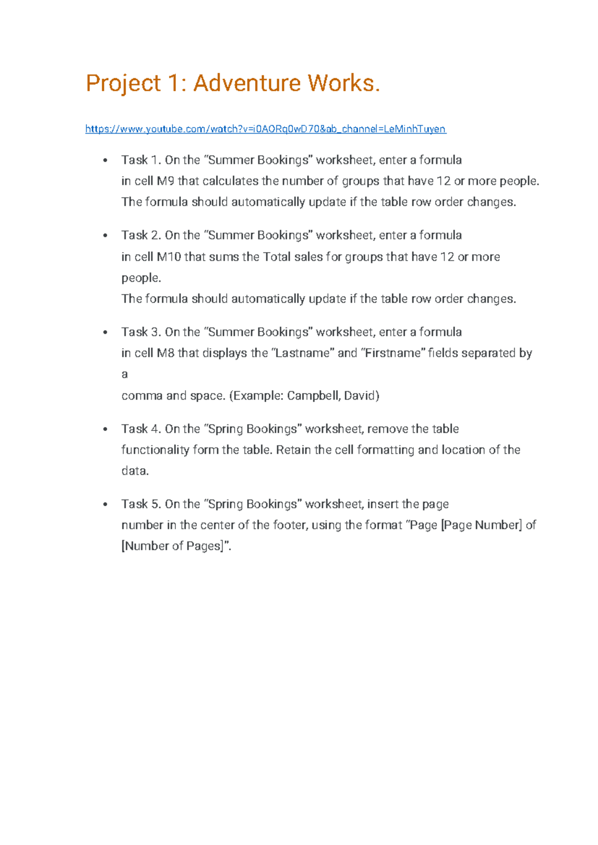 Project 1: Adventure Works - Excel Formulas & Tasks Guide - Studocu