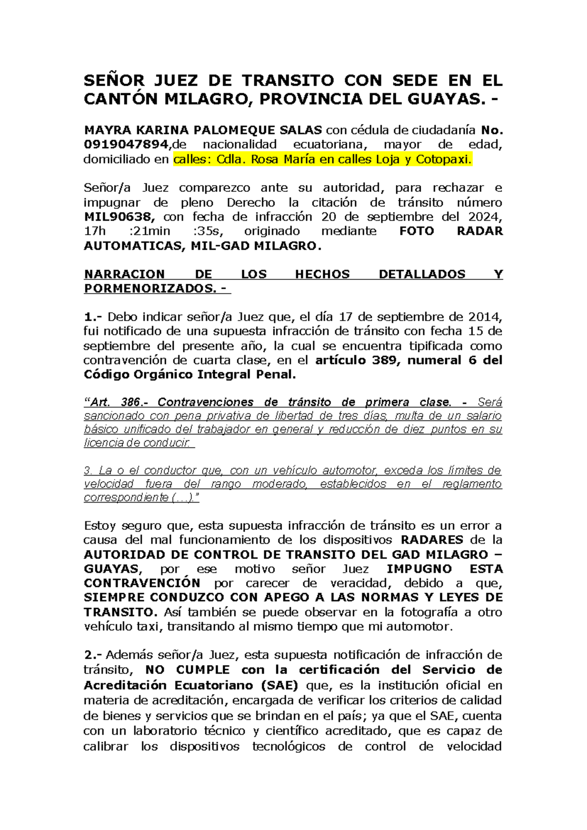 Impugnación de Citación de Tránsito N° MIL90638 - Caso Mayra Palomeque - Document Preview