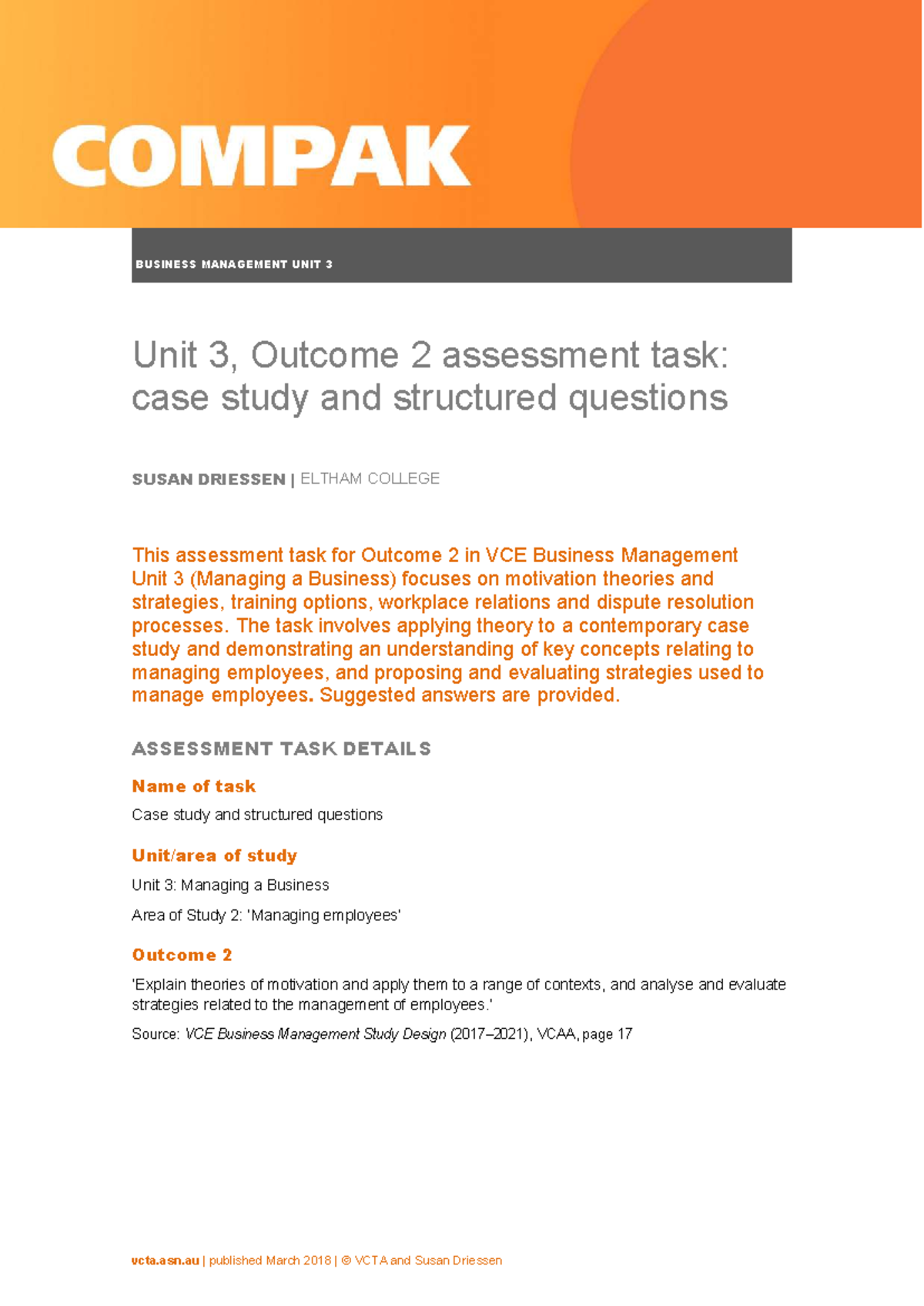 VCE Business Management Unit 3: Outcome 2 Case Study & Questions - Studocu