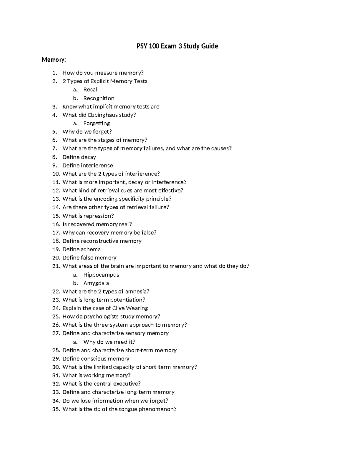 PSY 100 Exam 3 Study Guide: Key Concepts in Memory, Cognition ...