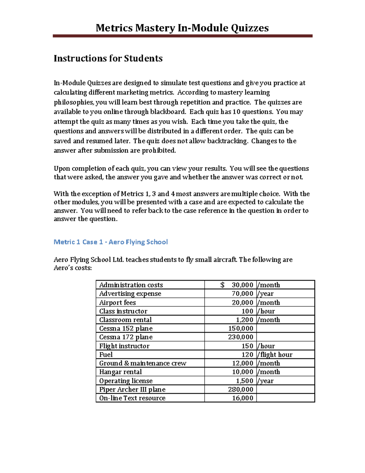 Metrics Mastery In-Module Quizzes - Student Instructions - Metrics鈀 ...