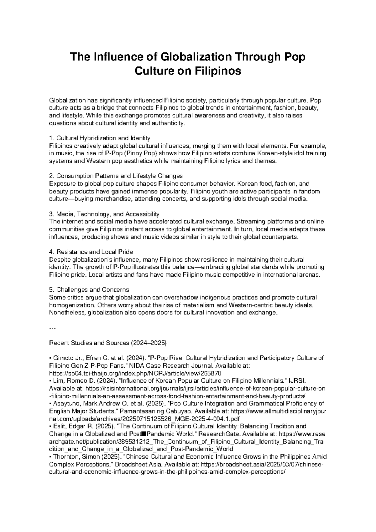 The Impact of Globalization on Filipino Pop Culture: A Study - Studocu