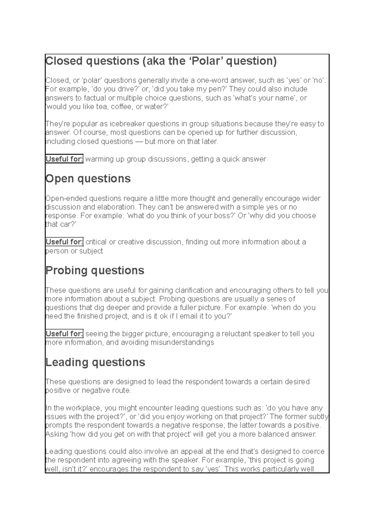 Different types of questions and their uses - Closed questions (aka the ...