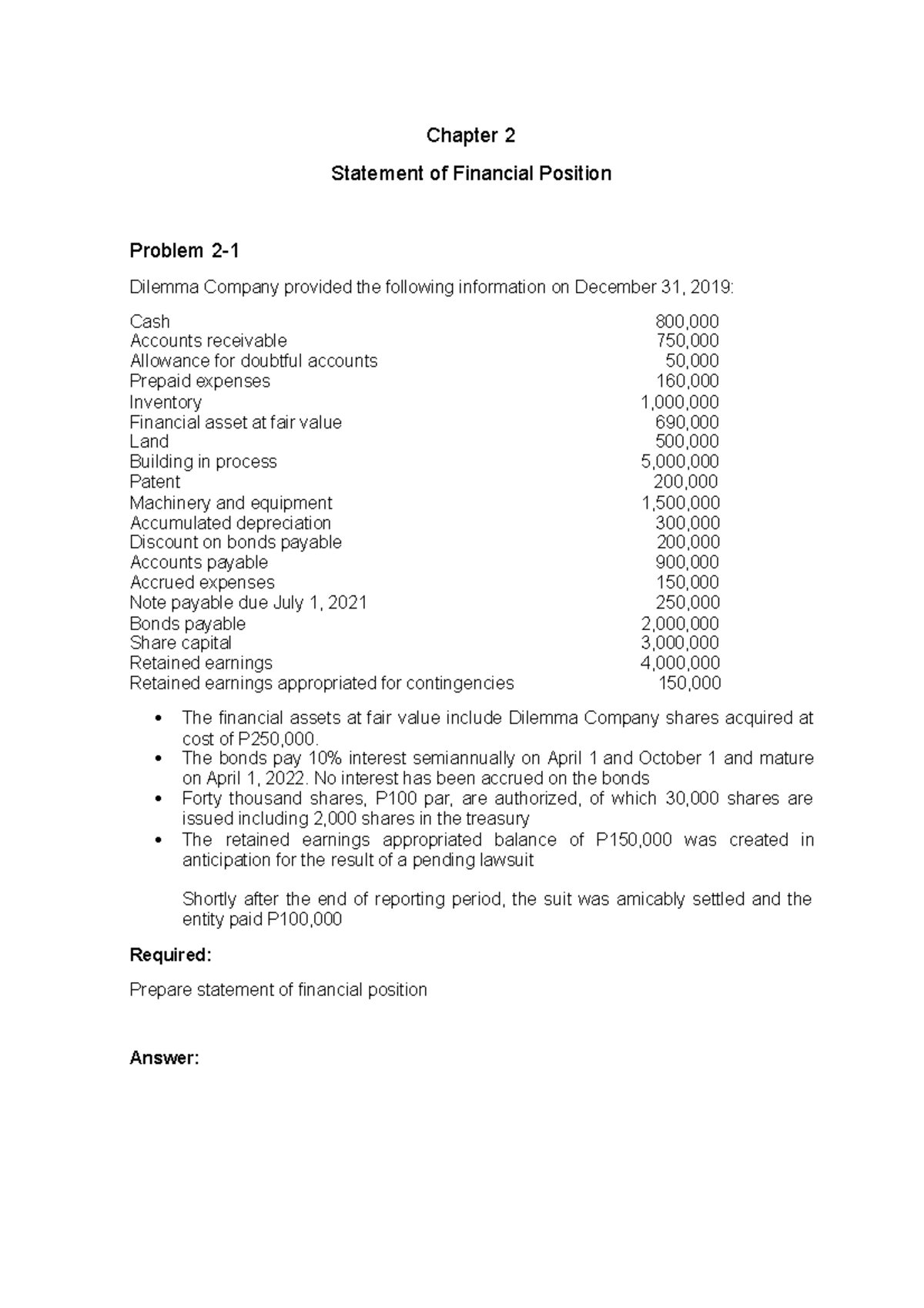 Financial Position Statement Q&A for Course Code: FIN-201 - Studocu