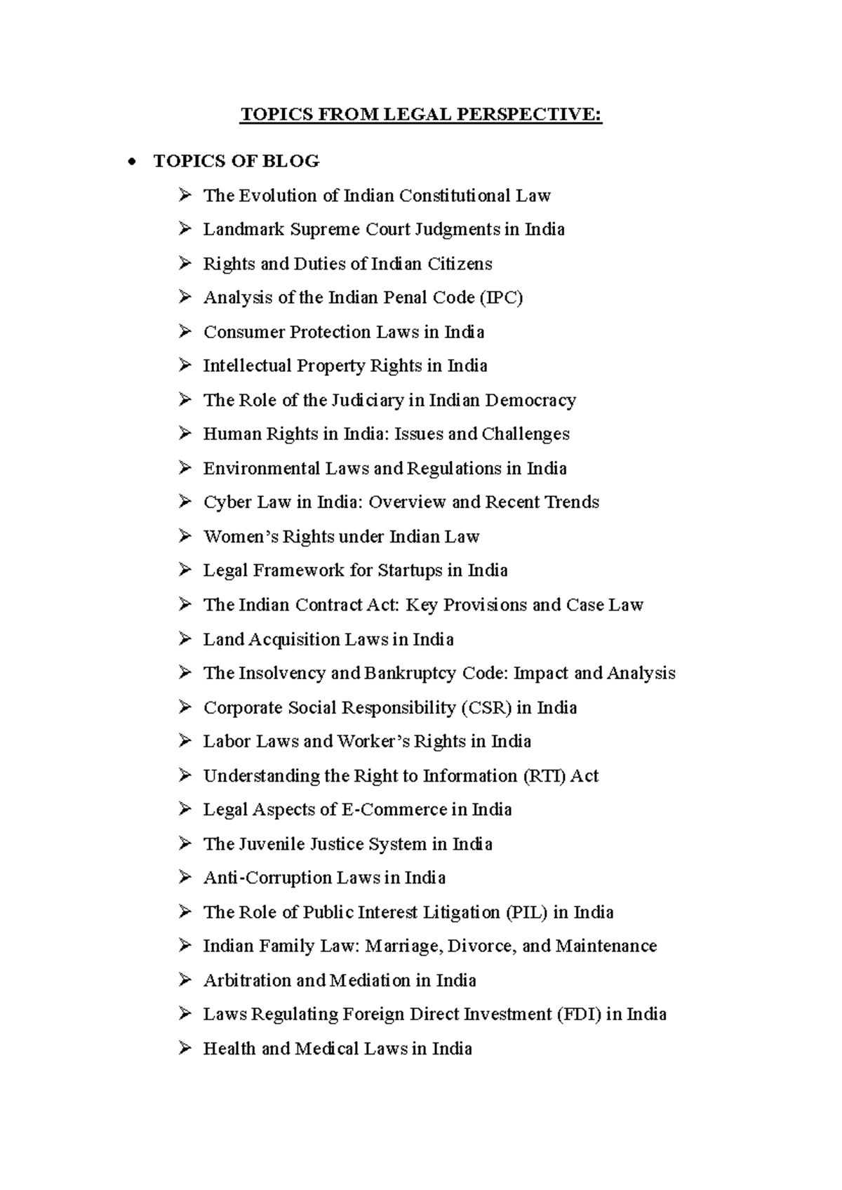 Legal Topics Overview for Interns: Key Issues and Frameworks in India ...