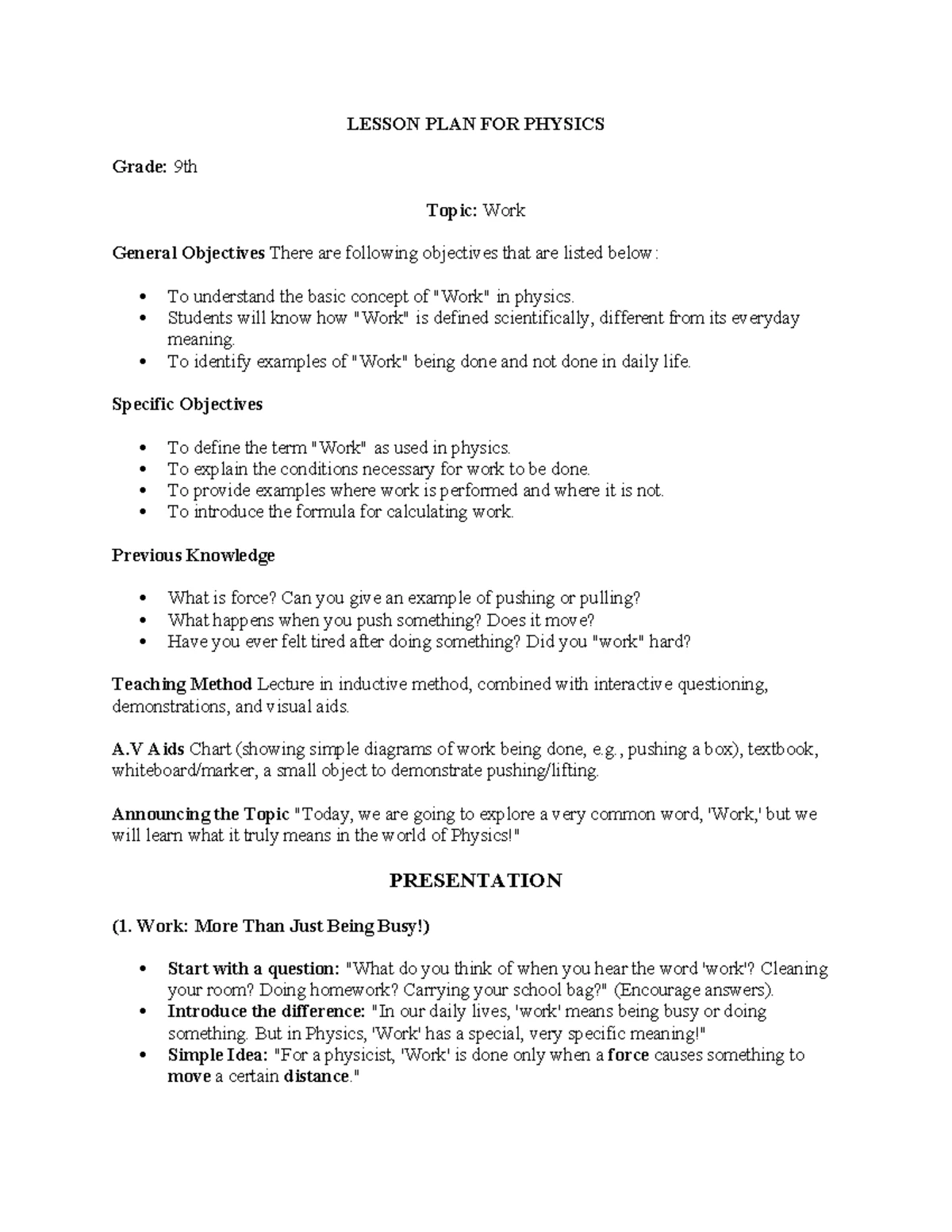 PHYSICS 9TH GRADE LESSON PLAN: UNDERSTANDING FORCE - Studocu