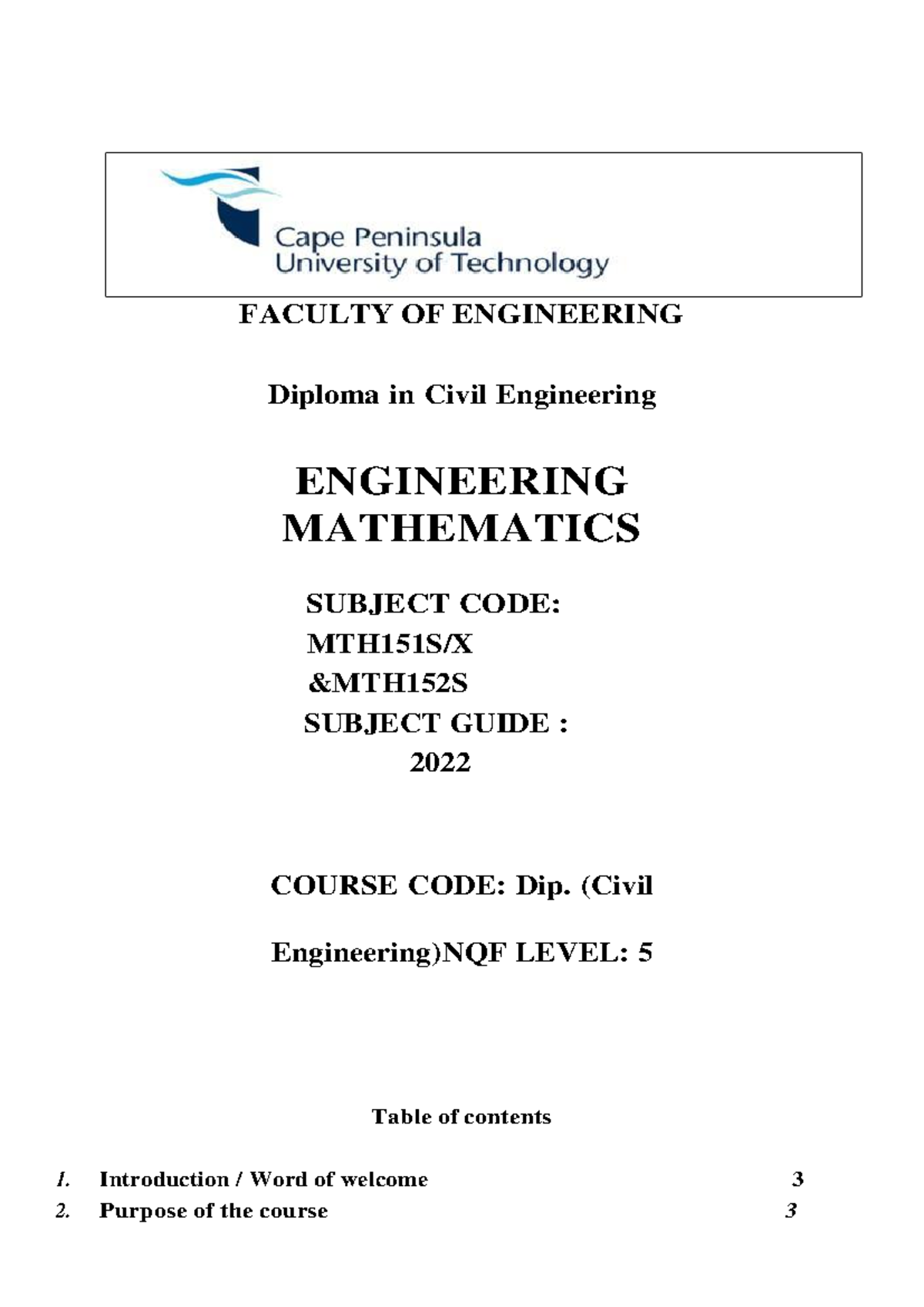 Civil Engineering Diploma MTH151S Engineering Mathematics Subject Guide ...