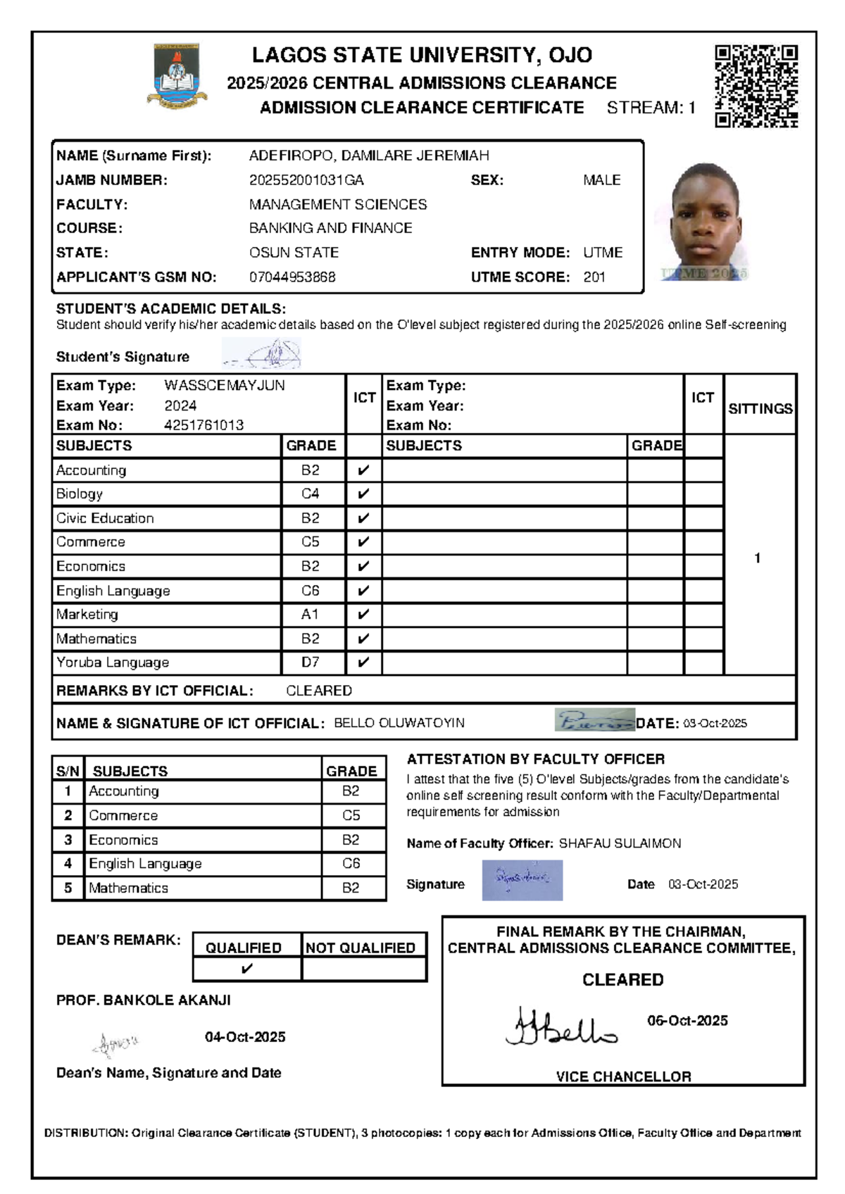 LAGOS STATE UNIVERSITY Admission Clearance Certificate - Damilare ...