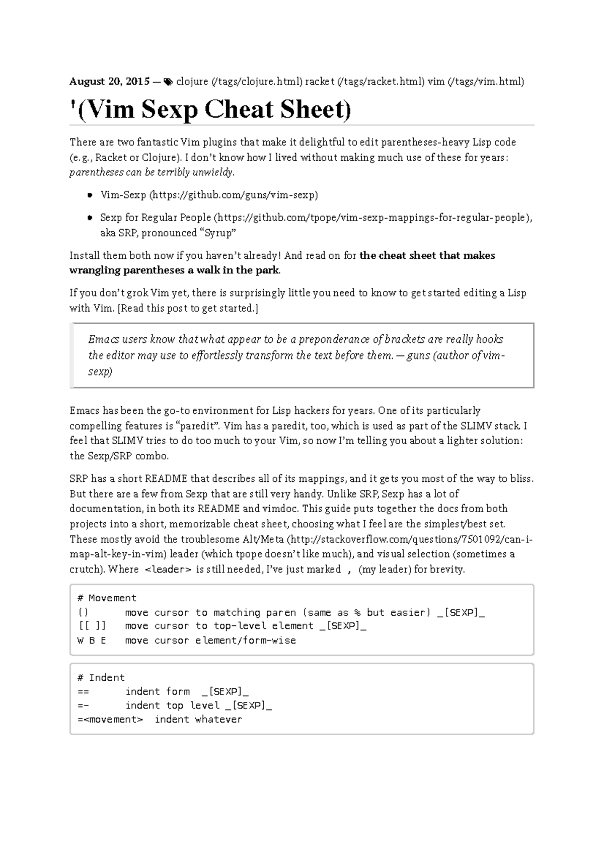 Micah Elliott's Vim Sexp Cheat Sheet for Clojure & Racket - Studocu