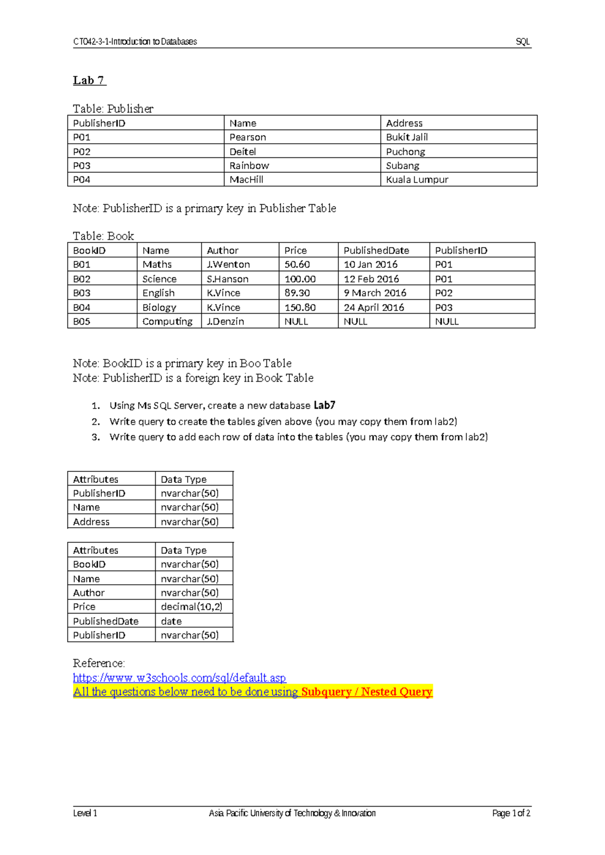 Lab 7 - IDB Lab Practice - CT042-3-1-Introduction to Databases SQL Lab ...