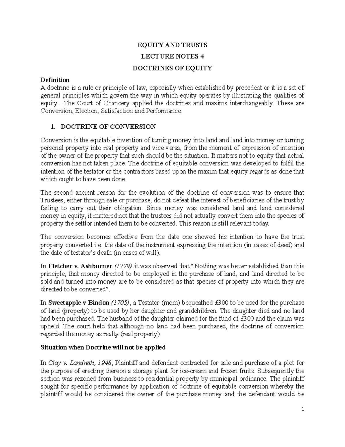 Equity 4: Doctrines of Equity Lecture Notes and Principles - Studocu