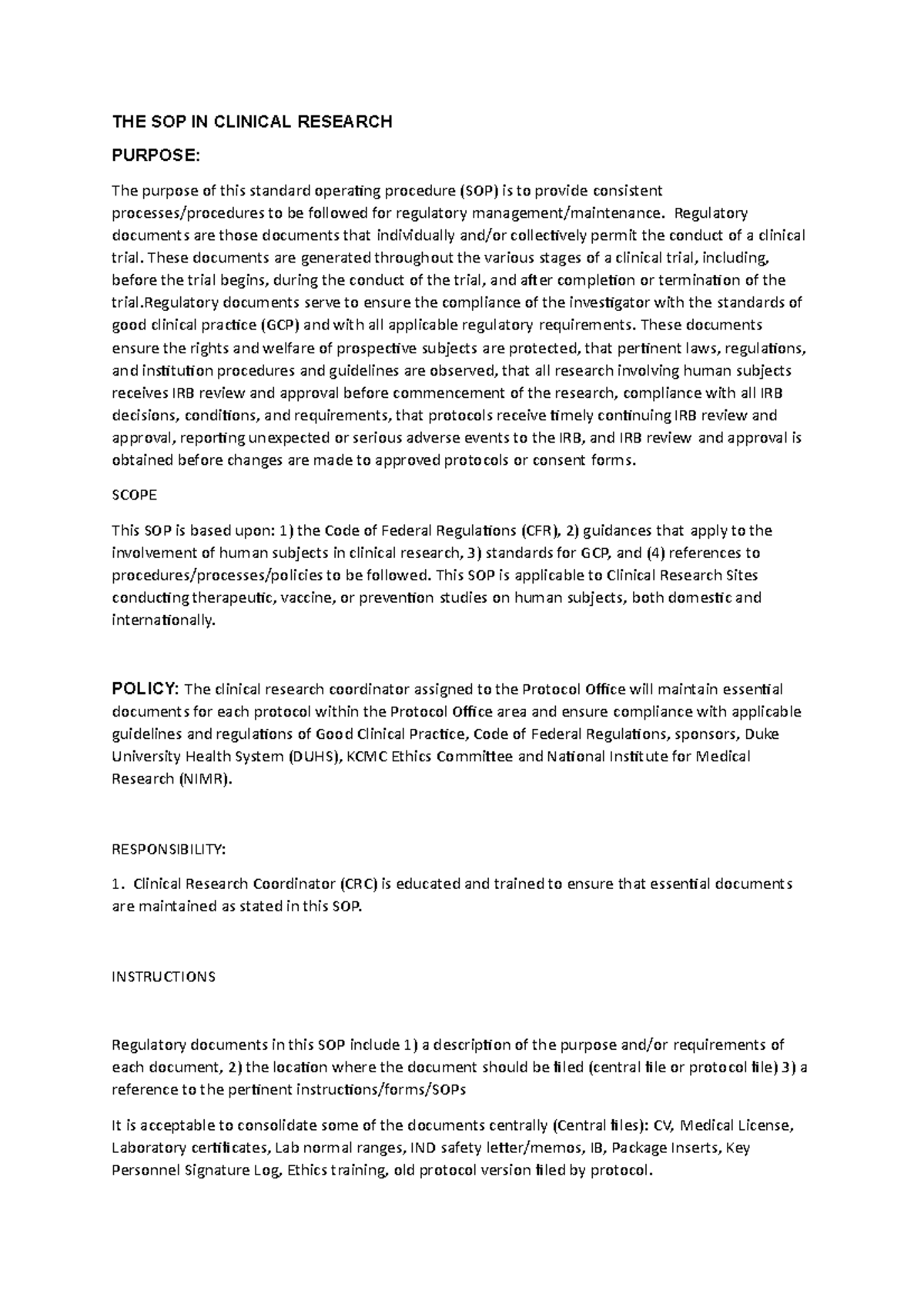 THE SOP IN Clinical Research - THE SOP IN CLINICAL RESEARCH PURPOSE ...