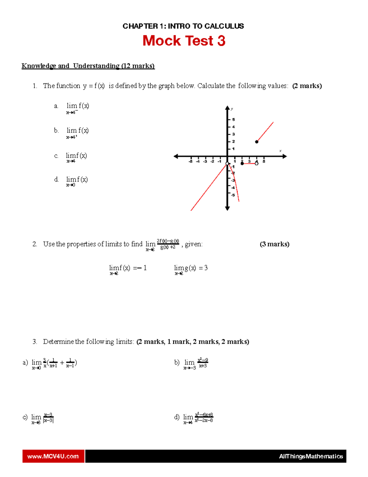 Mock Test 3 (MCV4U) - Chapter 1: Introduction to Calculus - Studocu