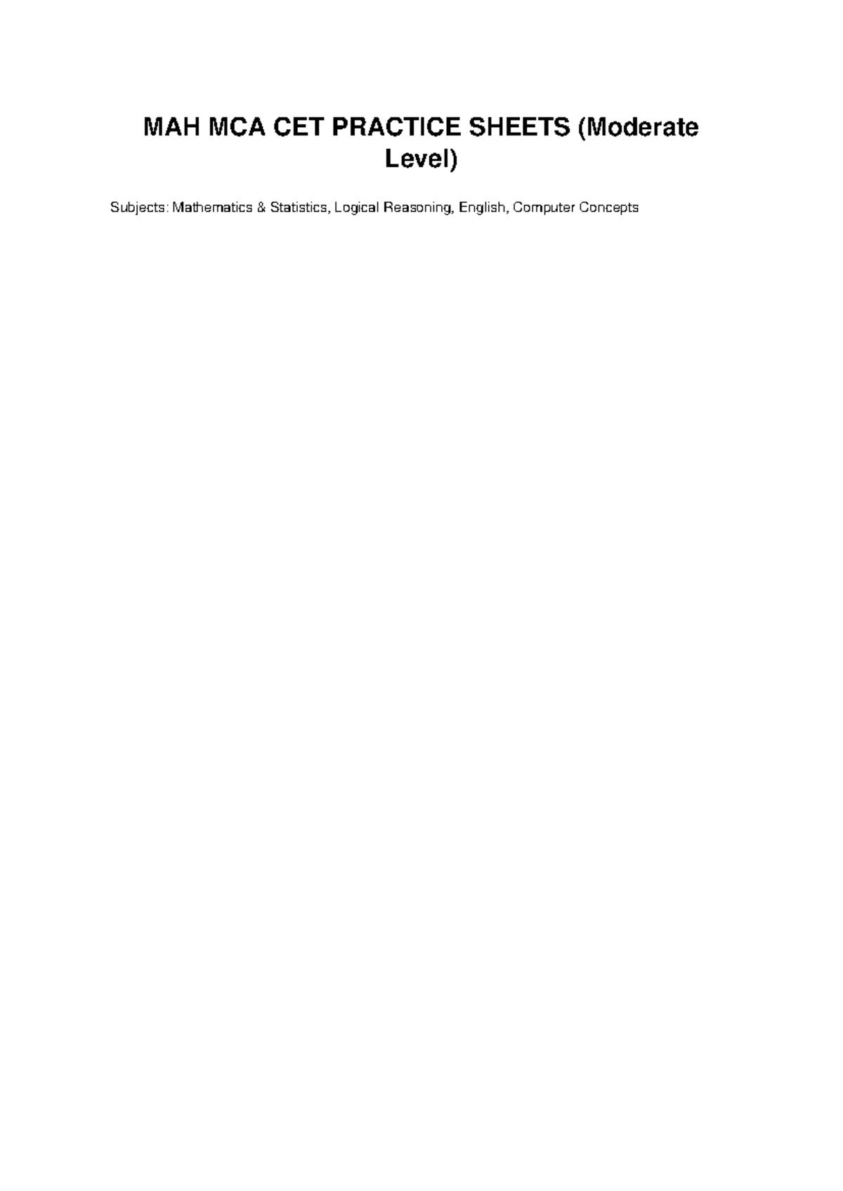 MAH MCA CET Practice Sheets: Math, Reasoning, English & Computer - Studocu
