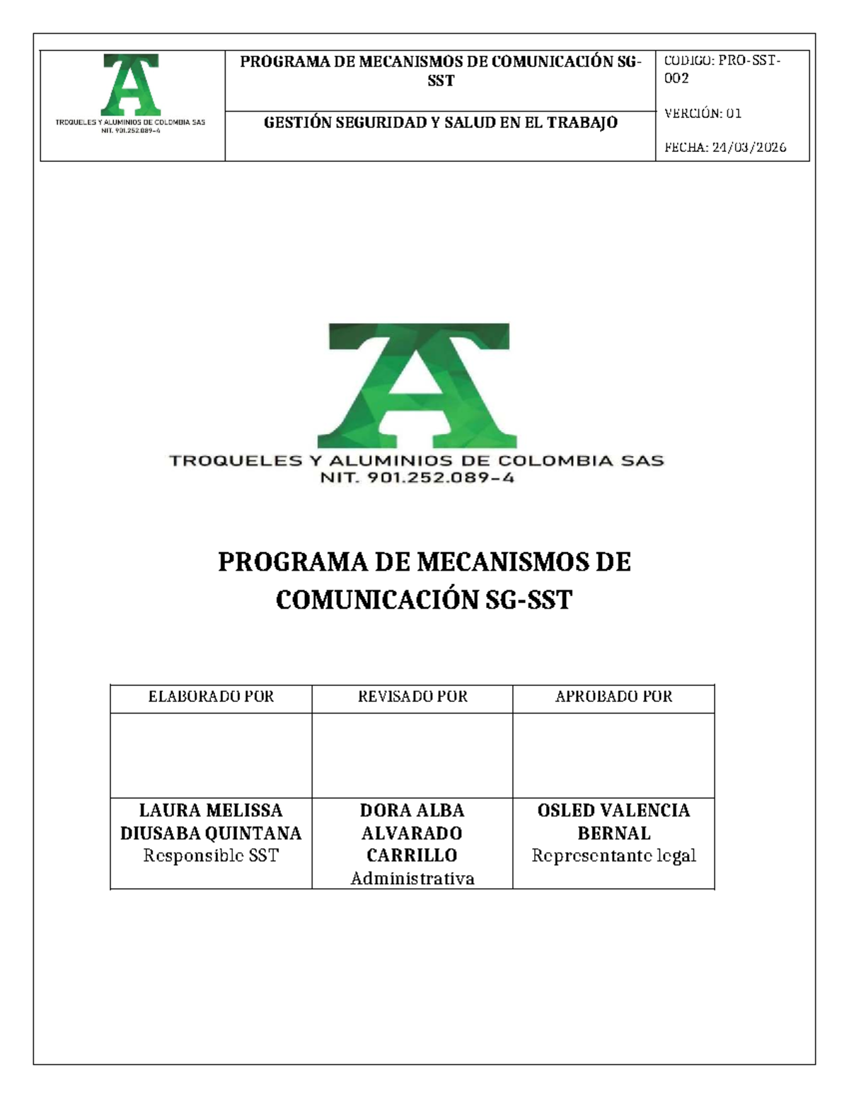 Programa de Mecanismos de Comunicación SG-SST - Versión 01 - Document Preview