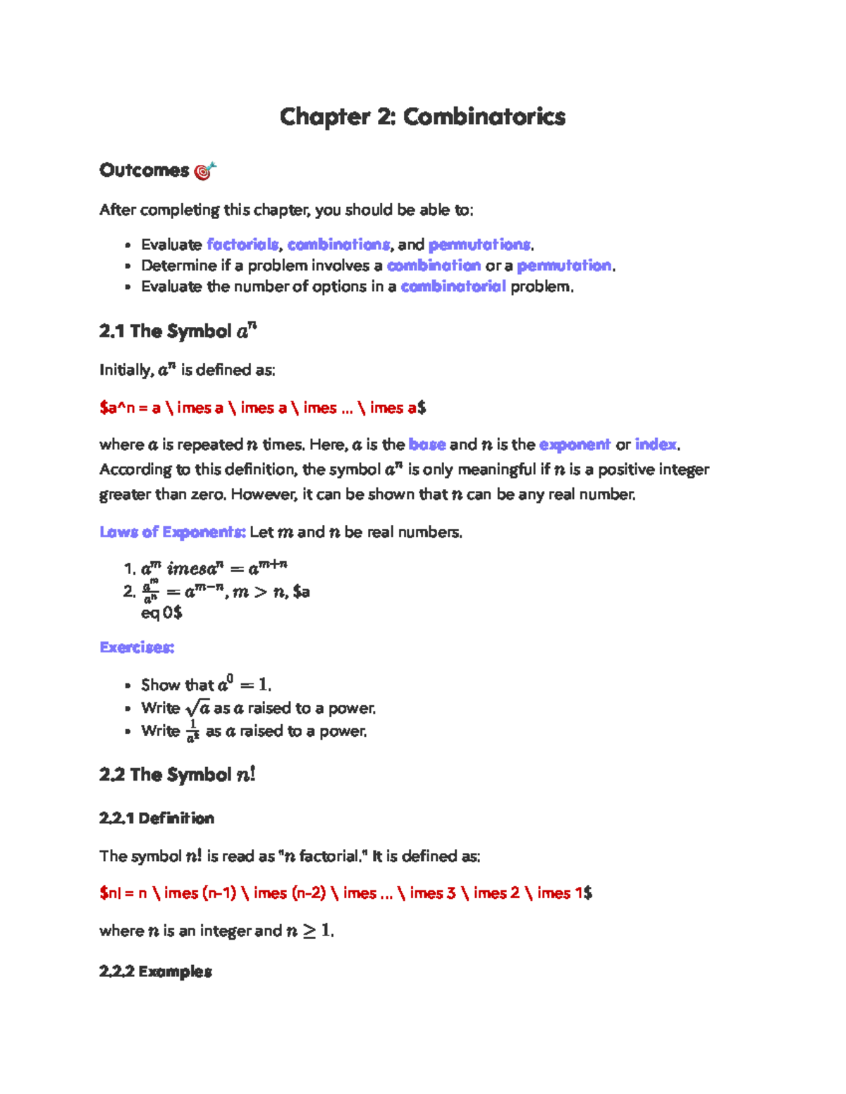 Chapter 2: Combinatorics Lecture Notes (Outcomes) - Studocu