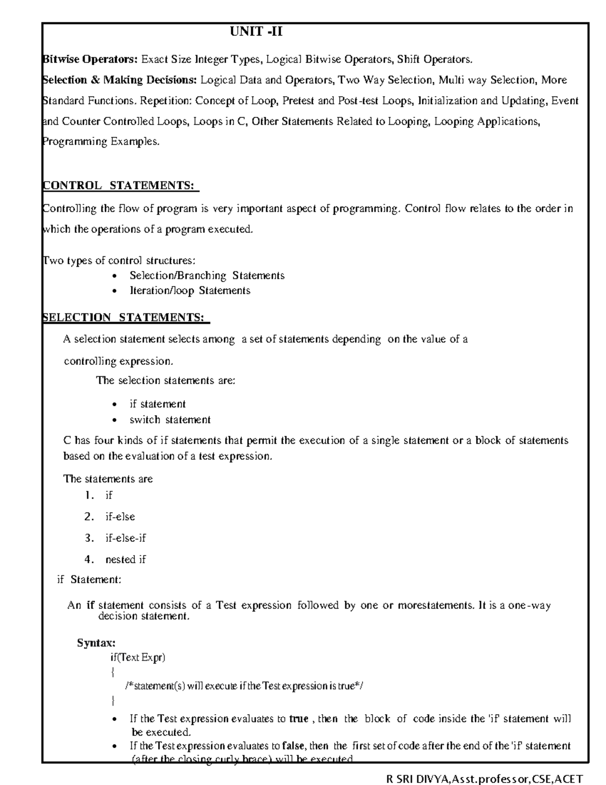 CP R20 UNIT-II: Bitwise Operators, Control Statements, and Loops Notes ...