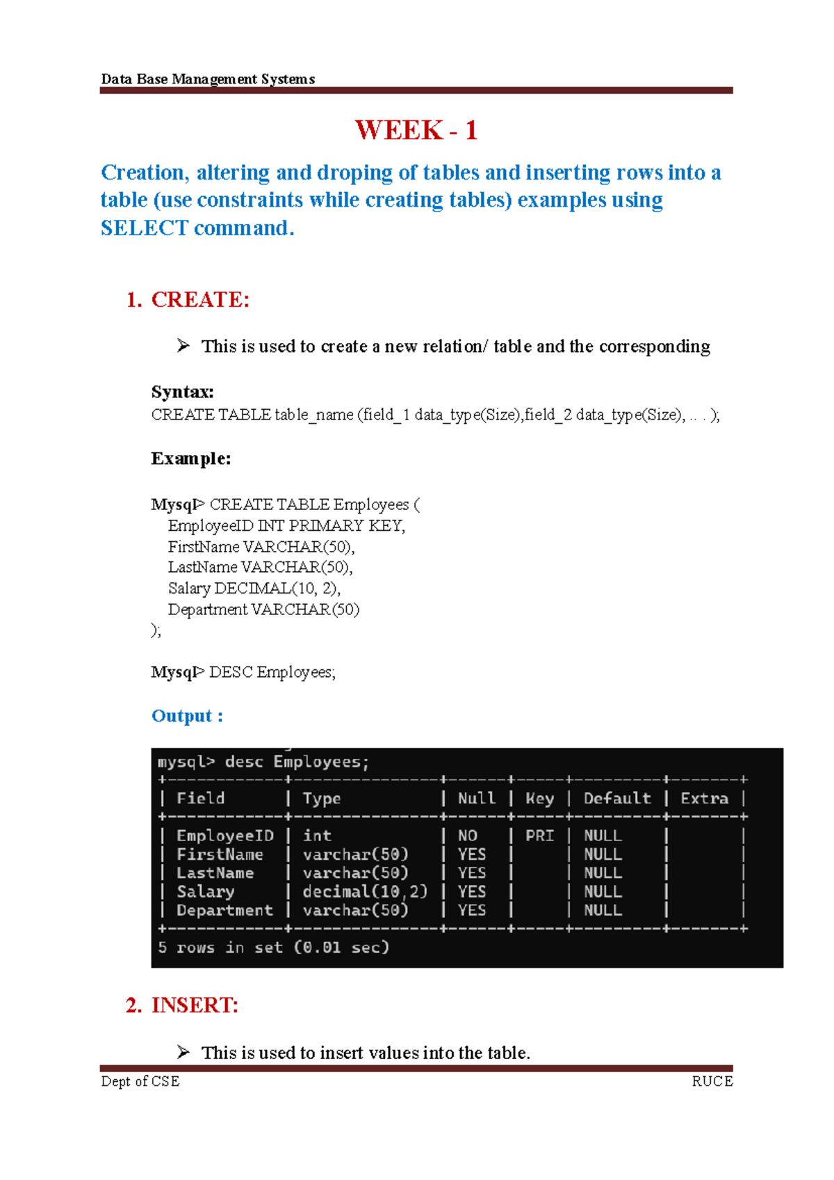 DBMS Record Week - 1 - Database Management Systems - WEEK - 1 Creation ...