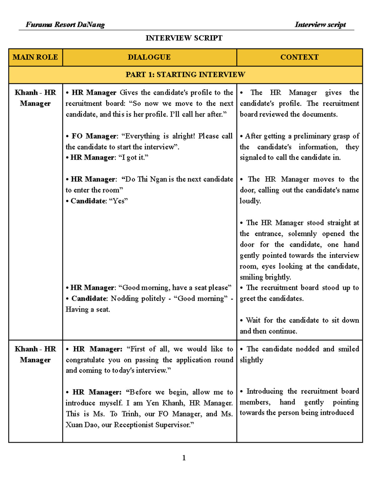 Furama Resort DaNang Interview Script: HR & Candidate Dialogue - Studocu