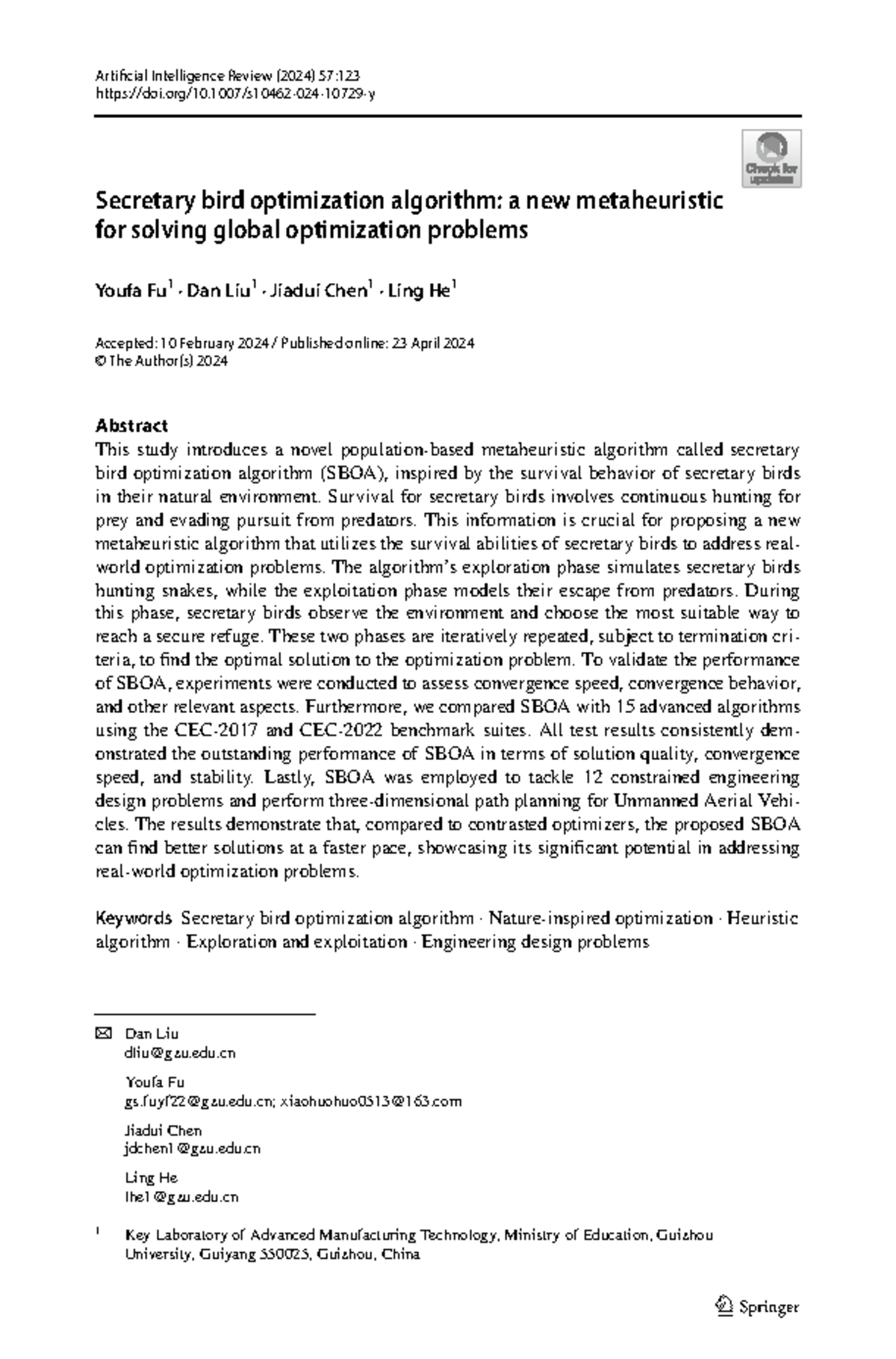 SBOA: A Novel Metaheuristic Algorithm for Global Optimization - Studocu