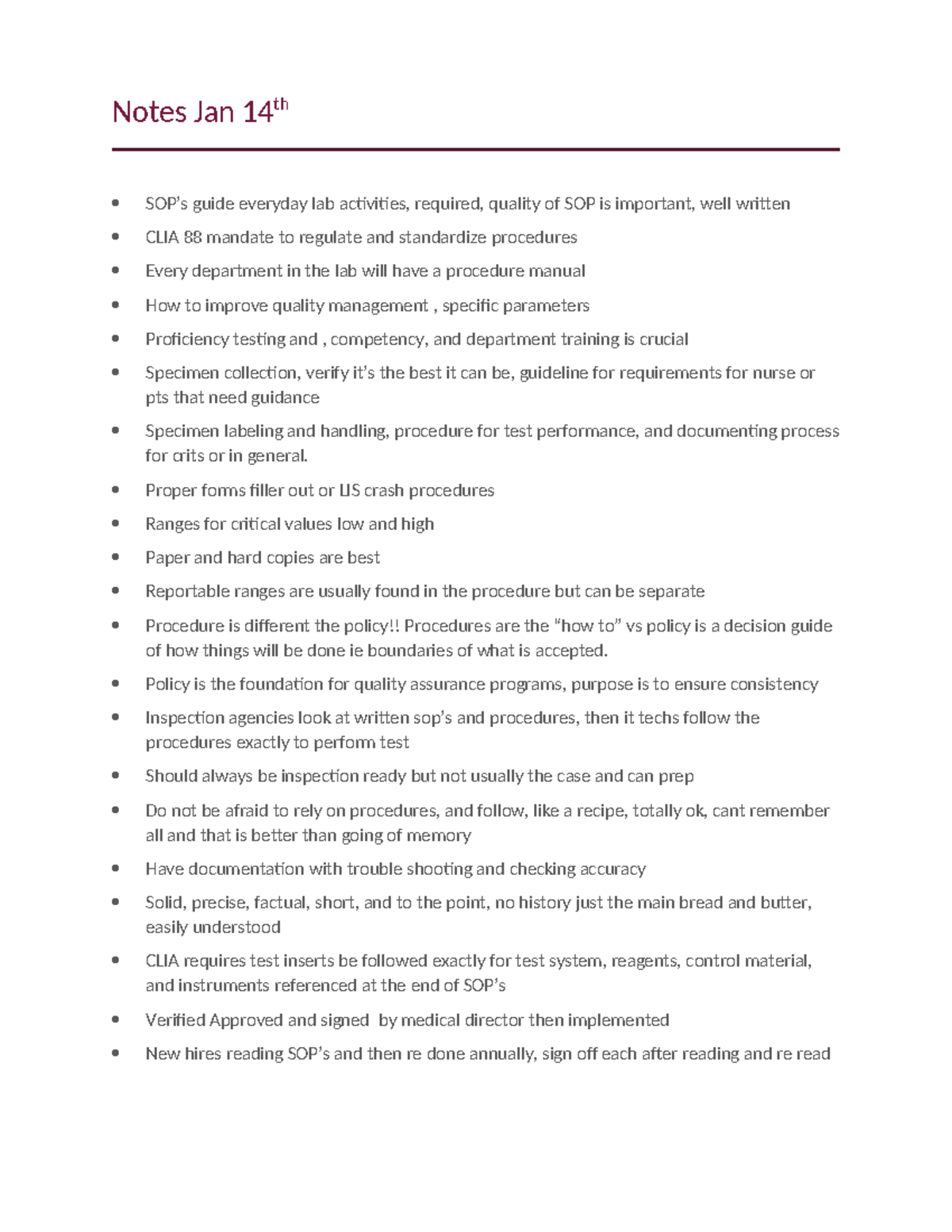 Notes Jan 14th - Notes Jan 14 th SOP’s guide everyday lab activities ...