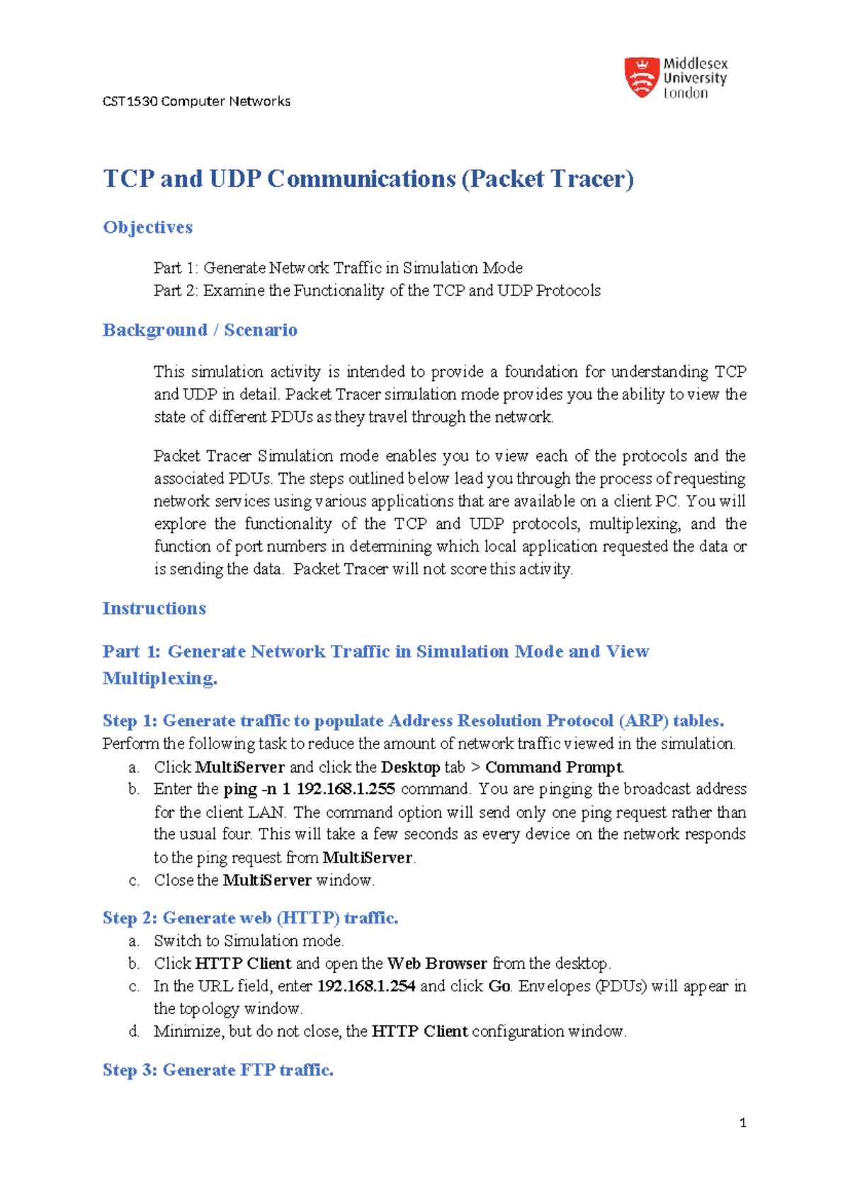 CST1530 Unit 13 TCP and UDP Communications Simulation Guide - Studocu