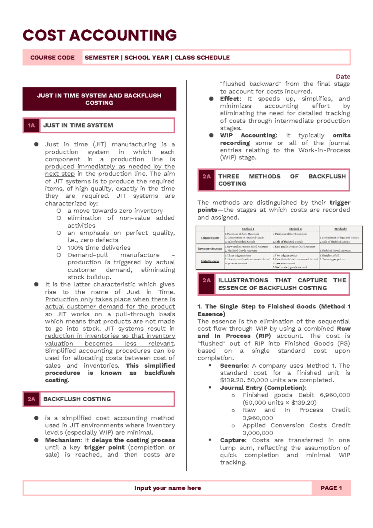 COST ACCOUNTING 1A: JIT Systems & Backflush Costing Overview - Studocu